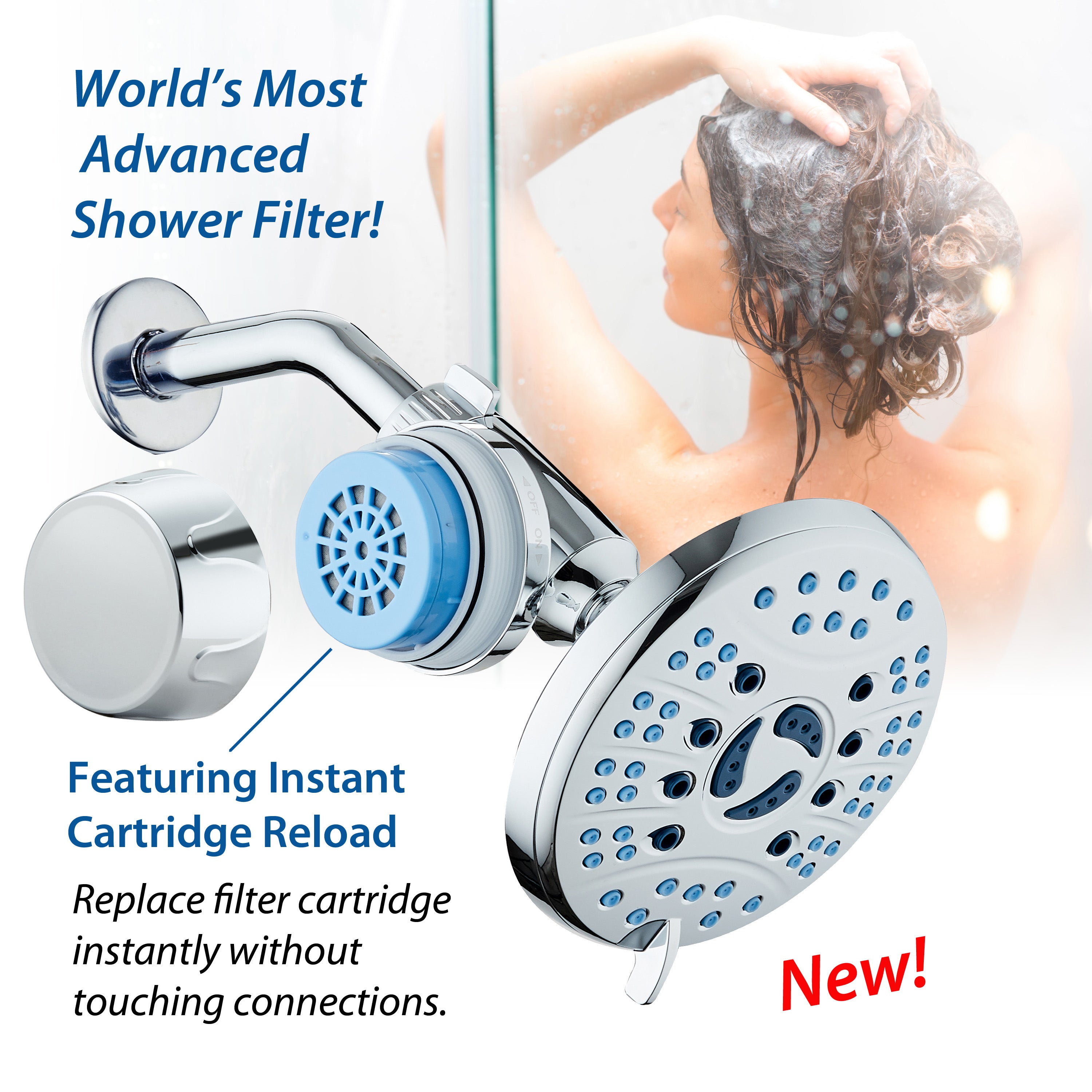 Instant-reload Universal Shower Filter with ON/OFF Filtration Modes & Antimicrobial KDF Cartridge