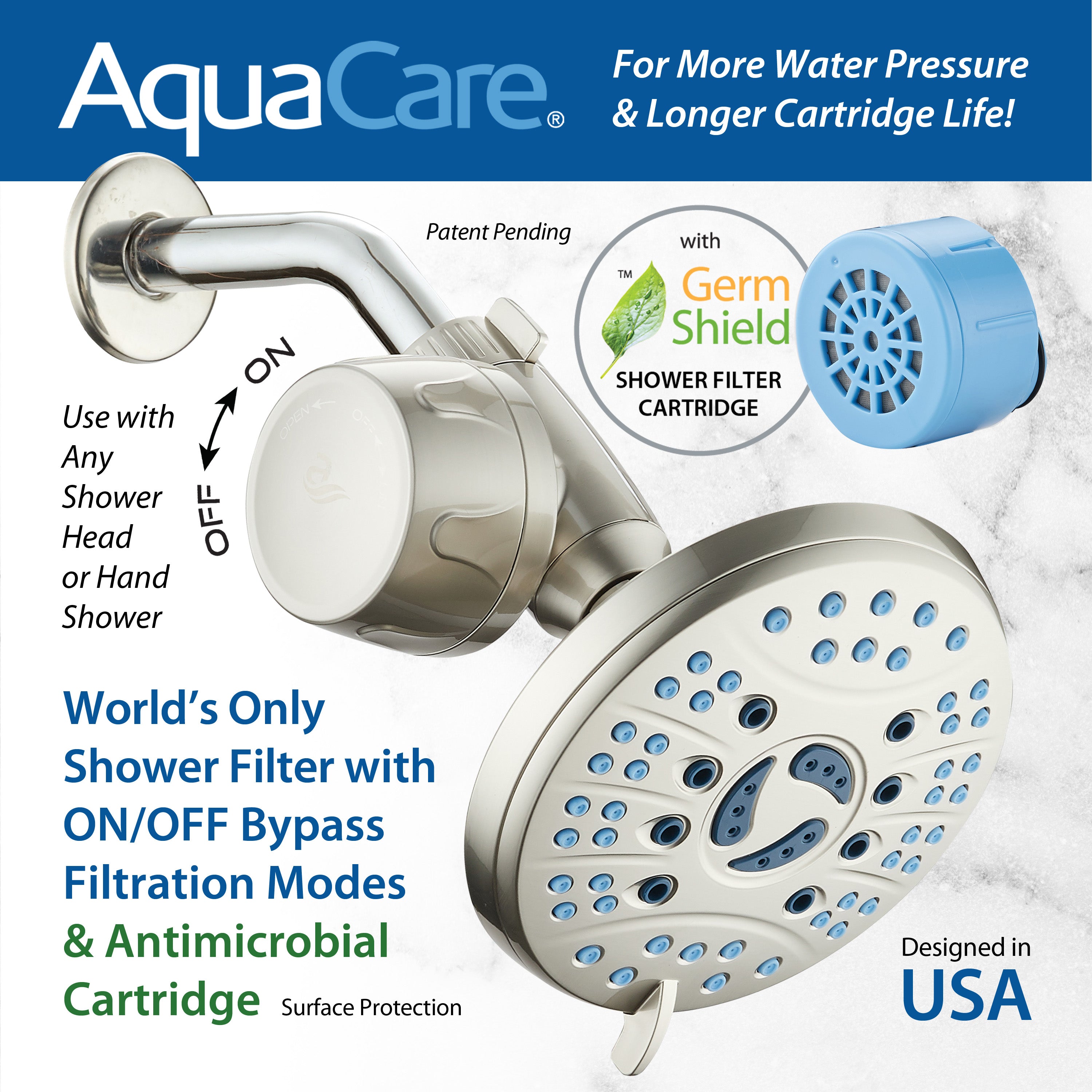 Instant-reload Universal Shower Filter with ON/OFF Filtration Modes & Antimicrobial KDF Cartridge