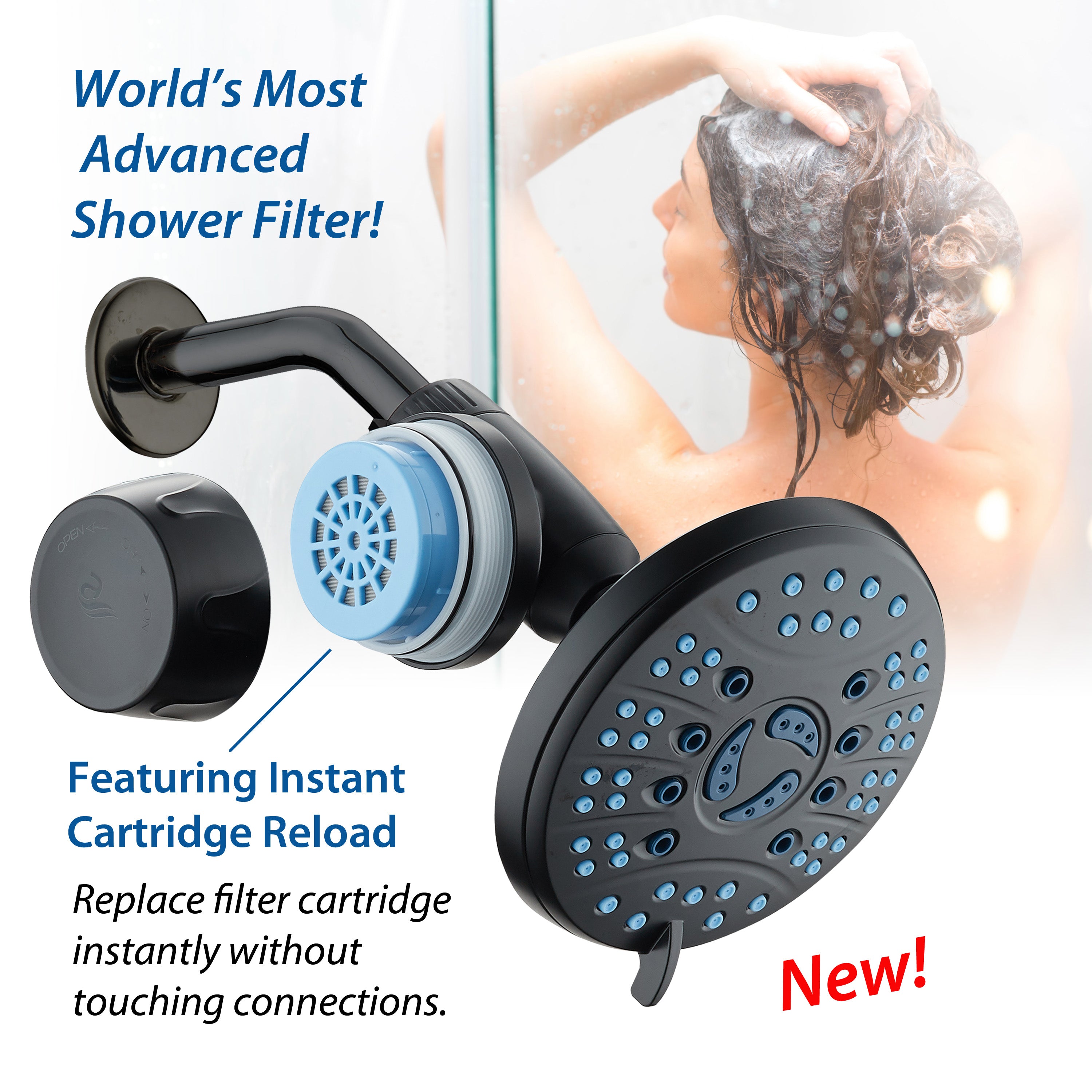 Instant-reload Universal Shower Filter with ON/OFF Filtration Modes & Antimicrobial KDF Cartridge