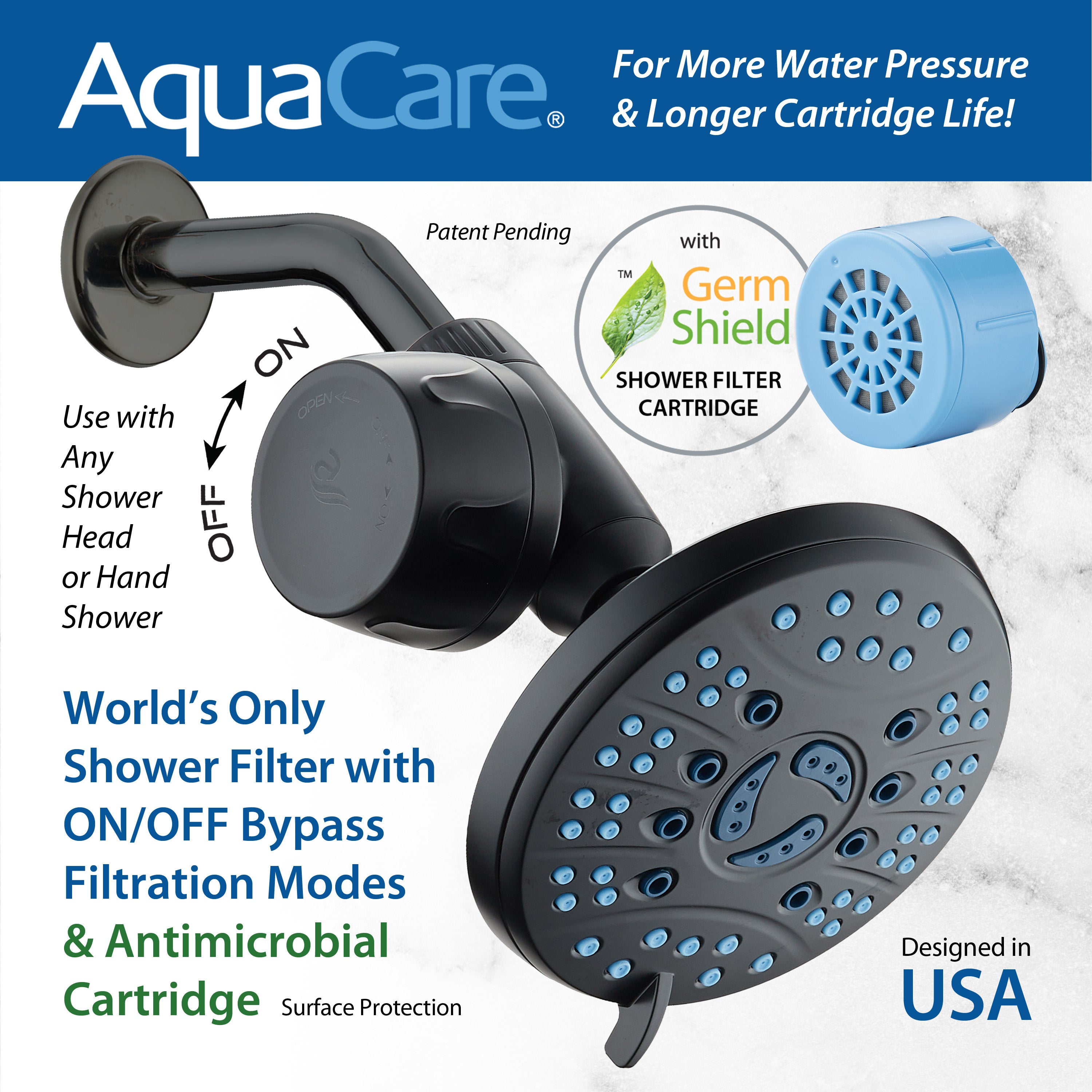 Instant-reload Universal Shower Filter with ON/OFF Filtration Modes & Antimicrobial KDF Cartridge