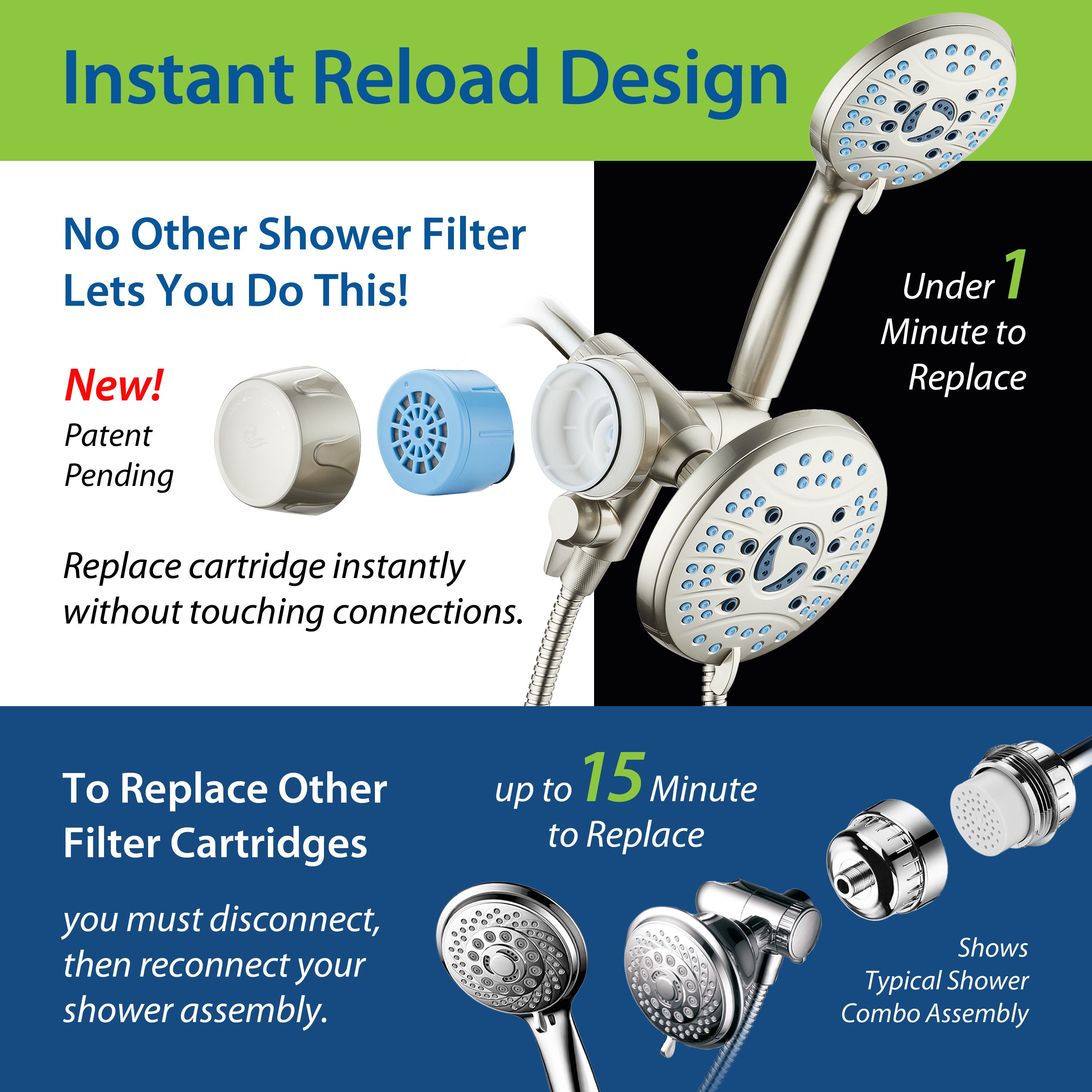 Integrated Shower Filter for Combos with Water Diverter & Antimicrobial KDF Cartridge