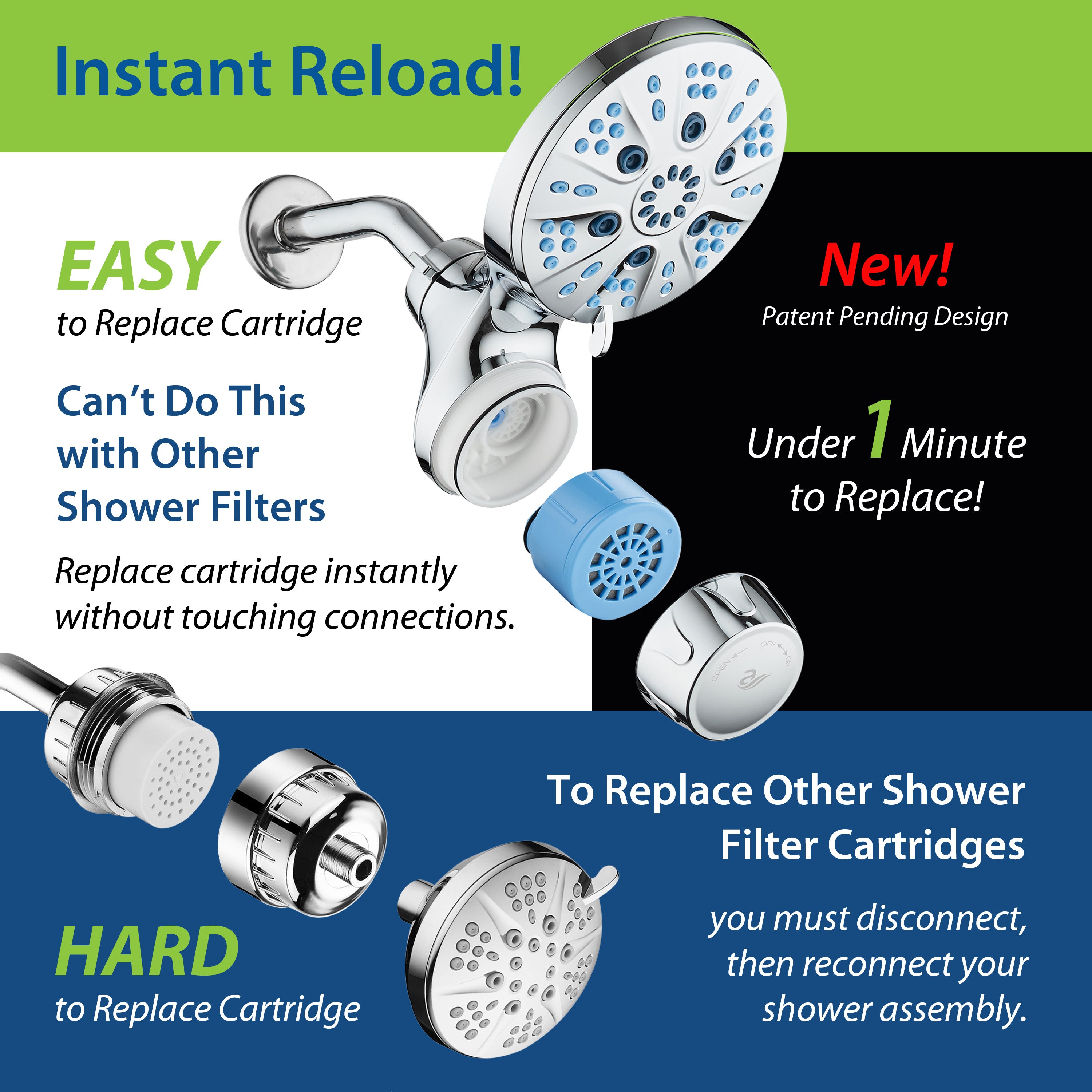 Raised 6-setting 6" Rain Showerhead with Built-in Shower Filter & Antimicrobial KDF Cartridge