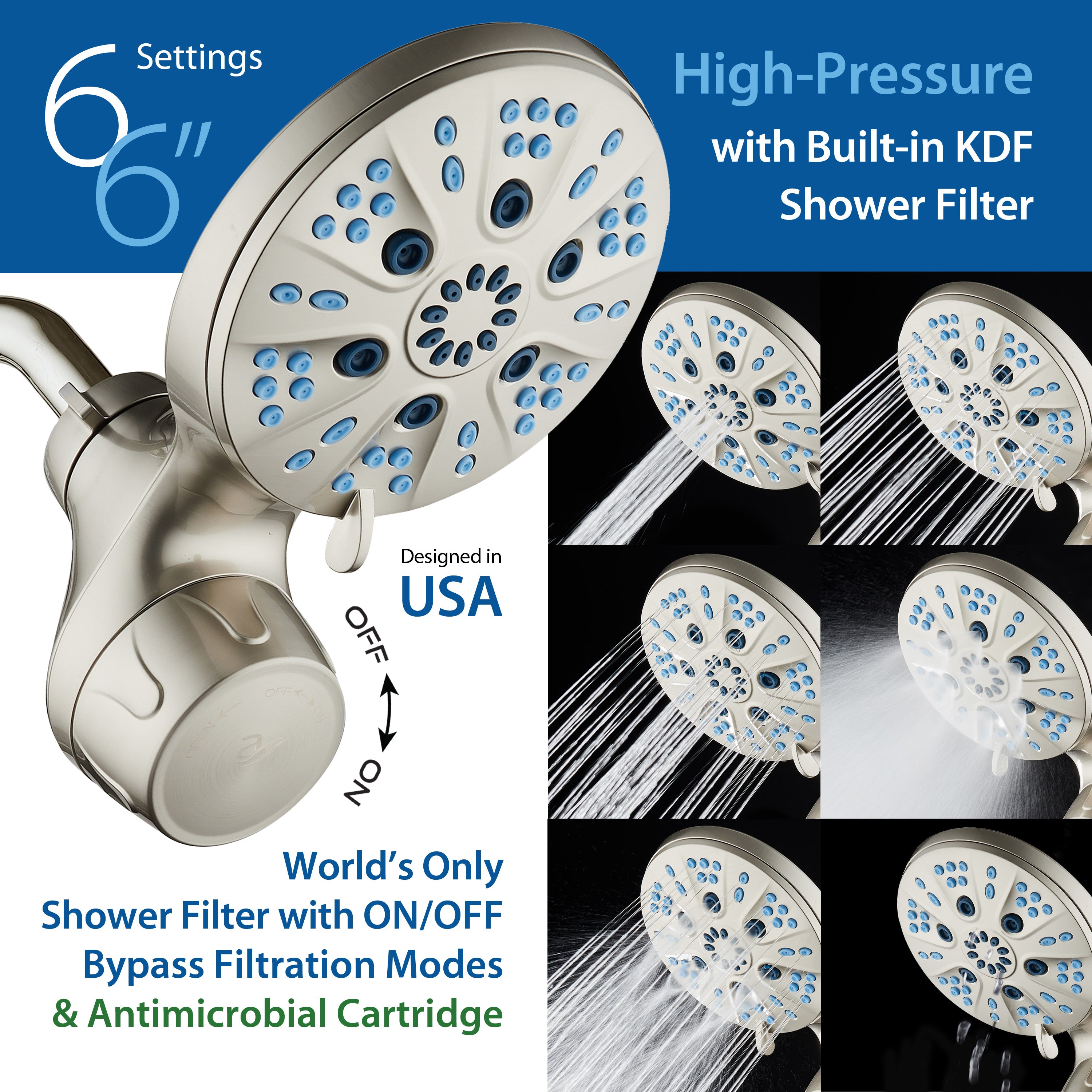 Raised 6-setting 6" Rain Showerhead with Built-in Shower Filter & Antimicrobial KDF Cartridge