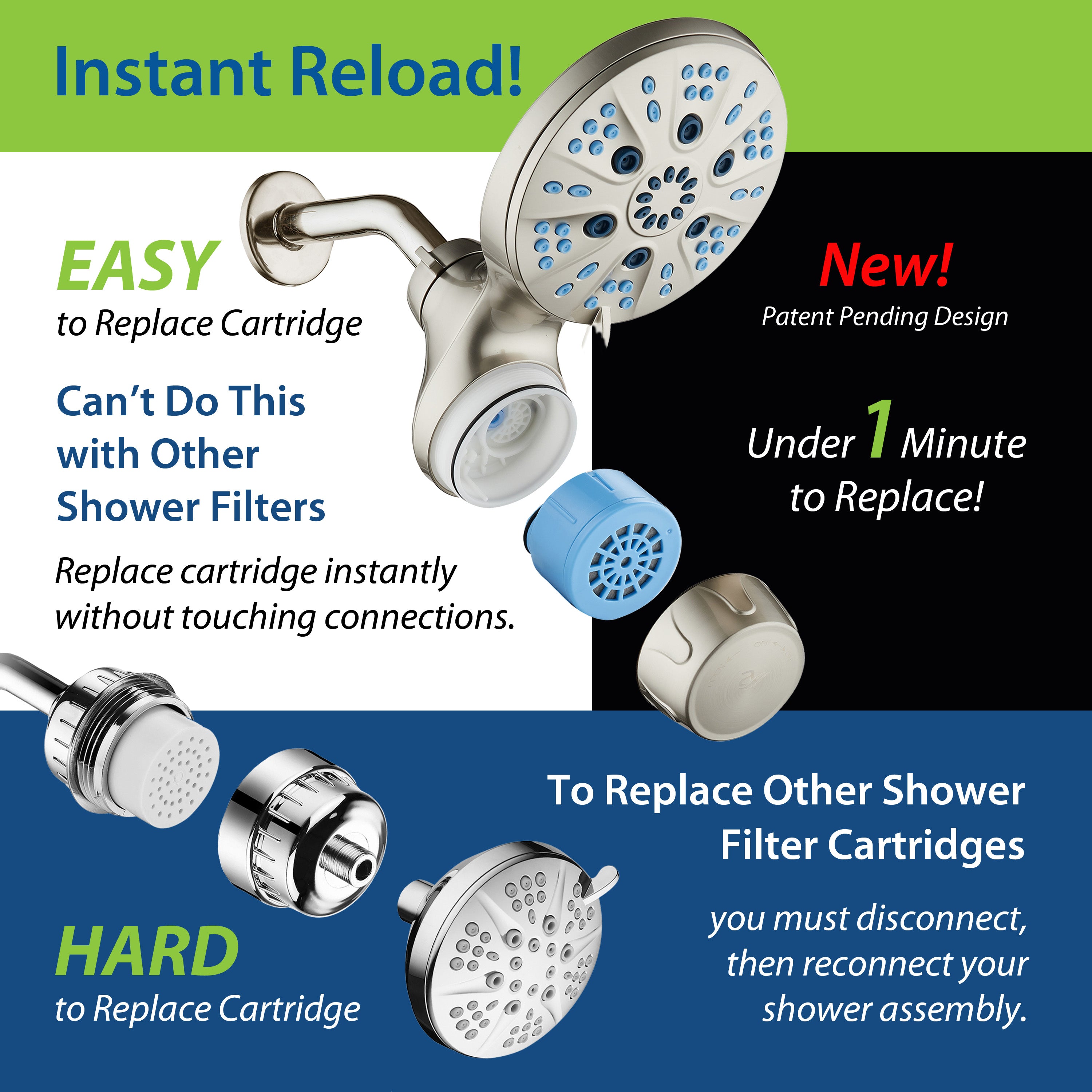 Raised 6-setting 6" Rain Showerhead with Built-in Shower Filter & Antimicrobial KDF Cartridge