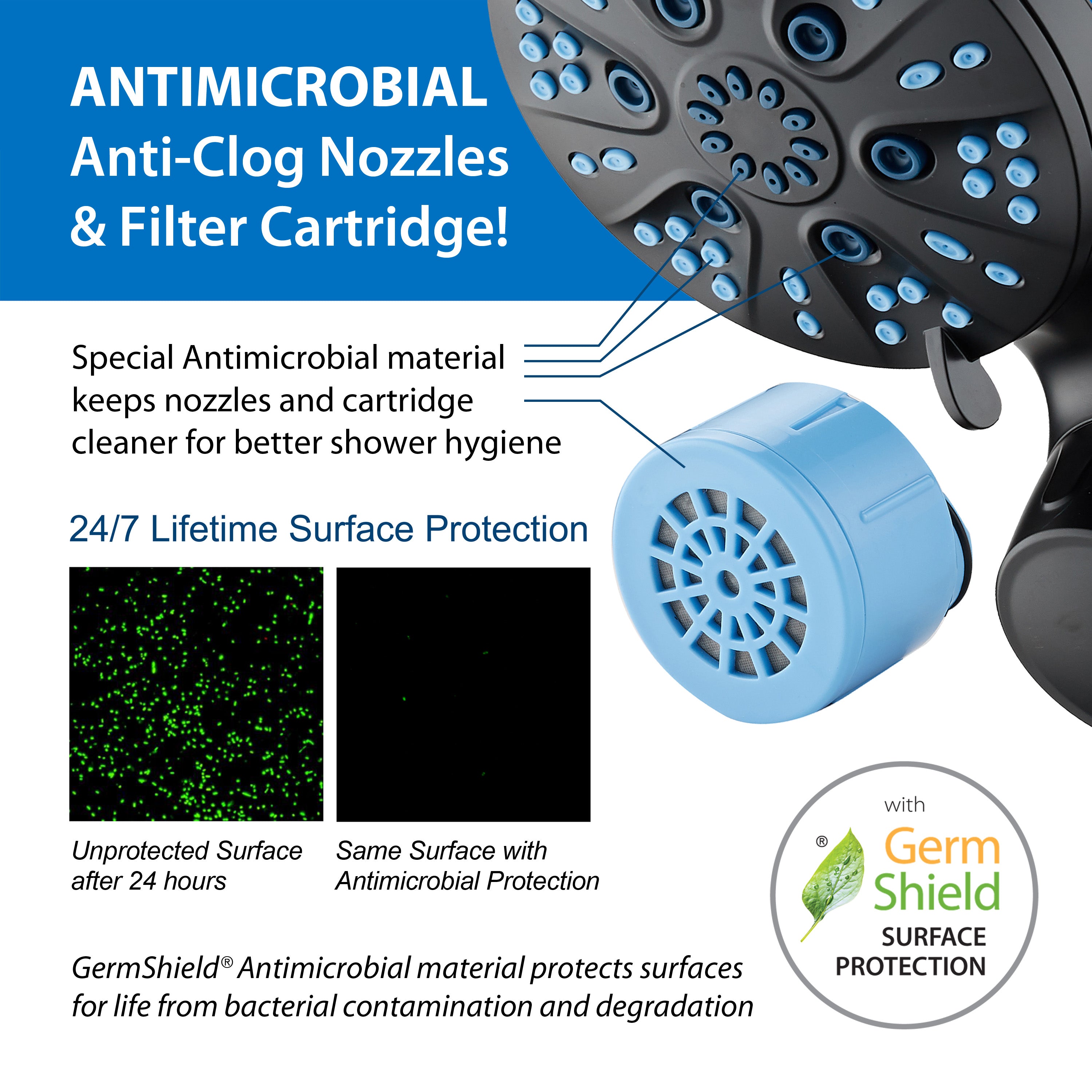 Raised 6-setting 6" Rain Showerhead with Built-in Shower Filter & Antimicrobial KDF Cartridge