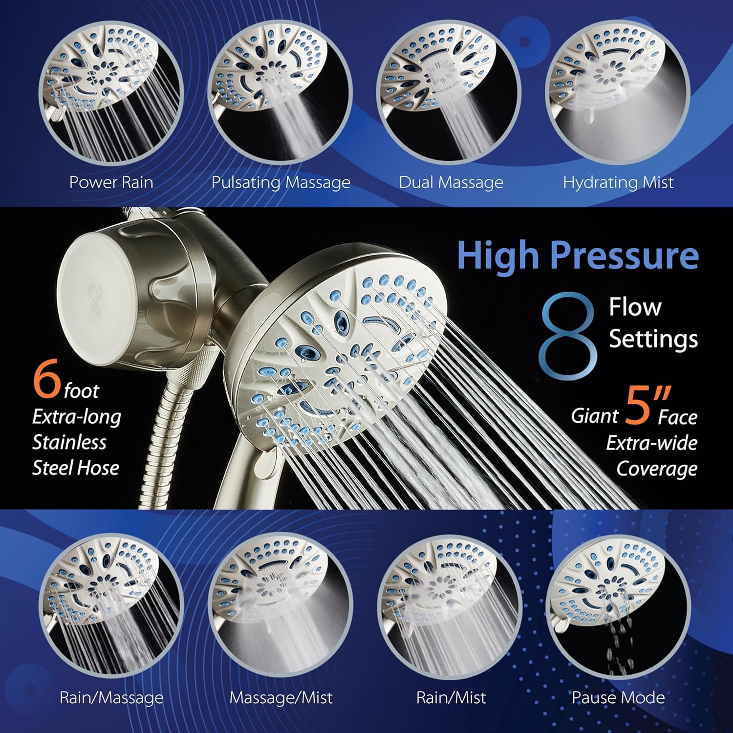 Magneton® 8-setting 5" Face Hand Shower with Magnetic Docking & Built-in Shower Filter