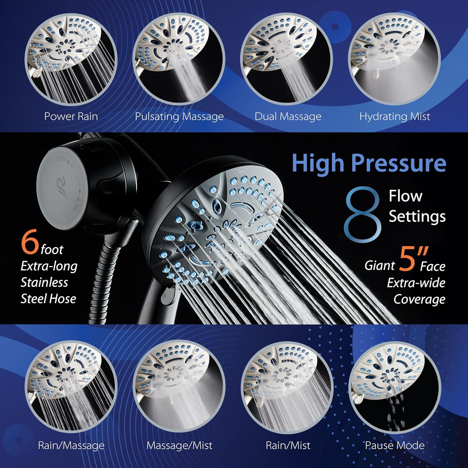 Magneton® 8-setting 5" Face Hand Shower with Magnetic Docking & Built-in Shower Filter
