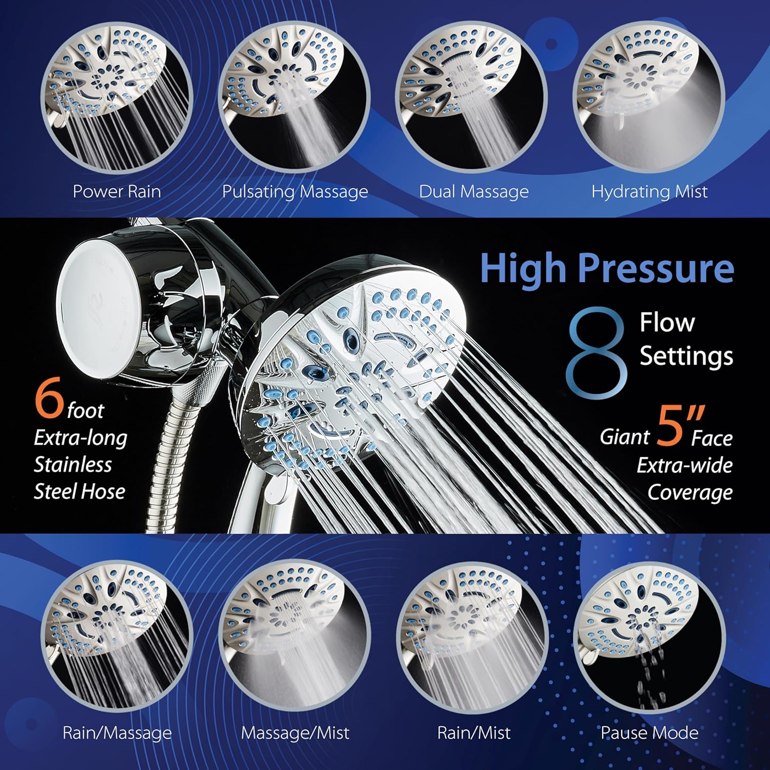 Magneton® 8-setting 5" Face Hand Shower with Magnetic Docking & Built-in Shower Filter