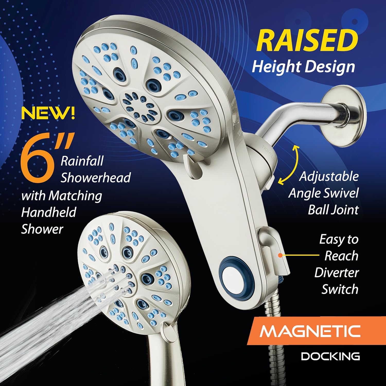 Magneton 48-setting Raised 3-way Rainfall Shower Combo with Magnetic Docking