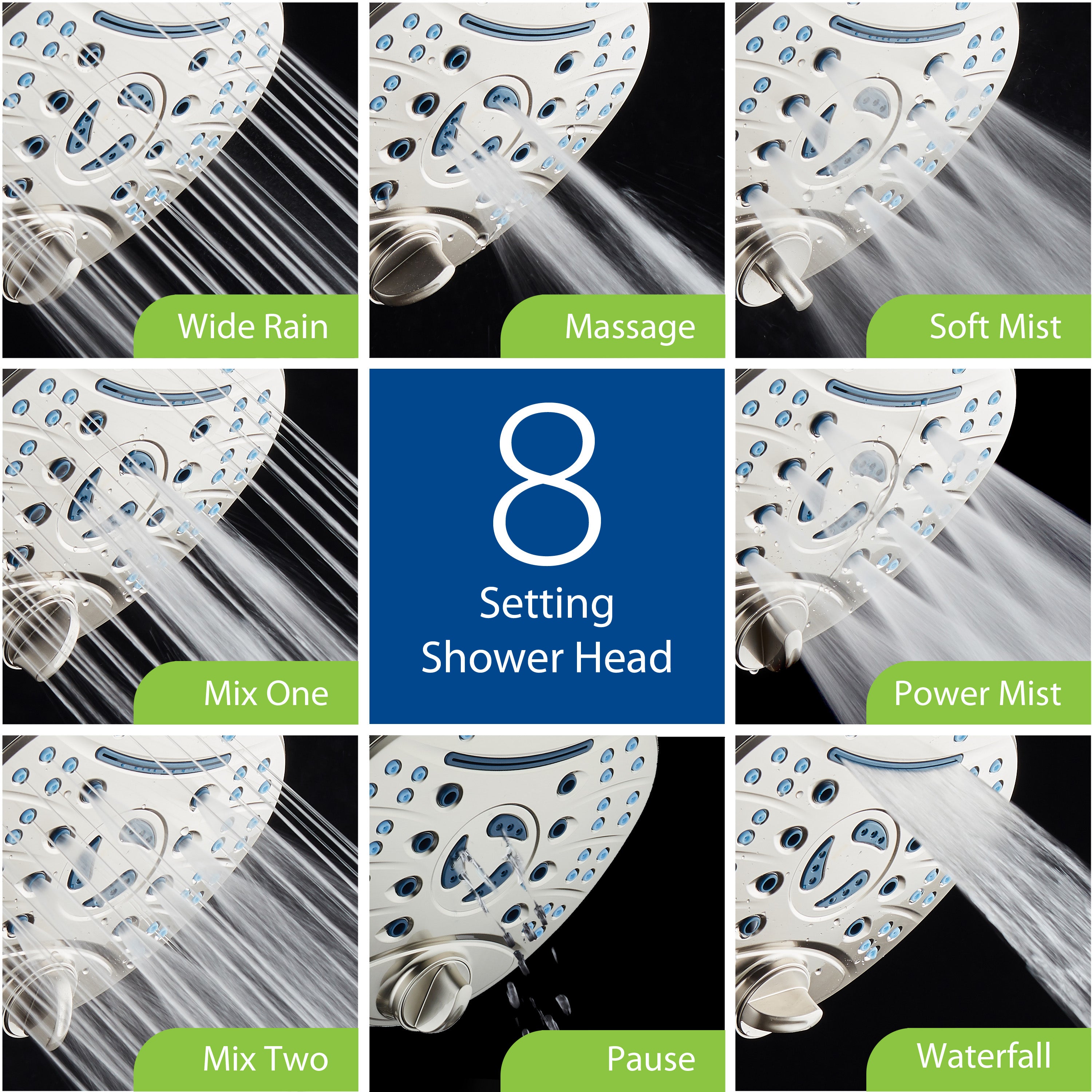 Ultra-Luxury 8-setting 7" Rainfall Shower Head with Antimicrobial Anti-clog Nozzles