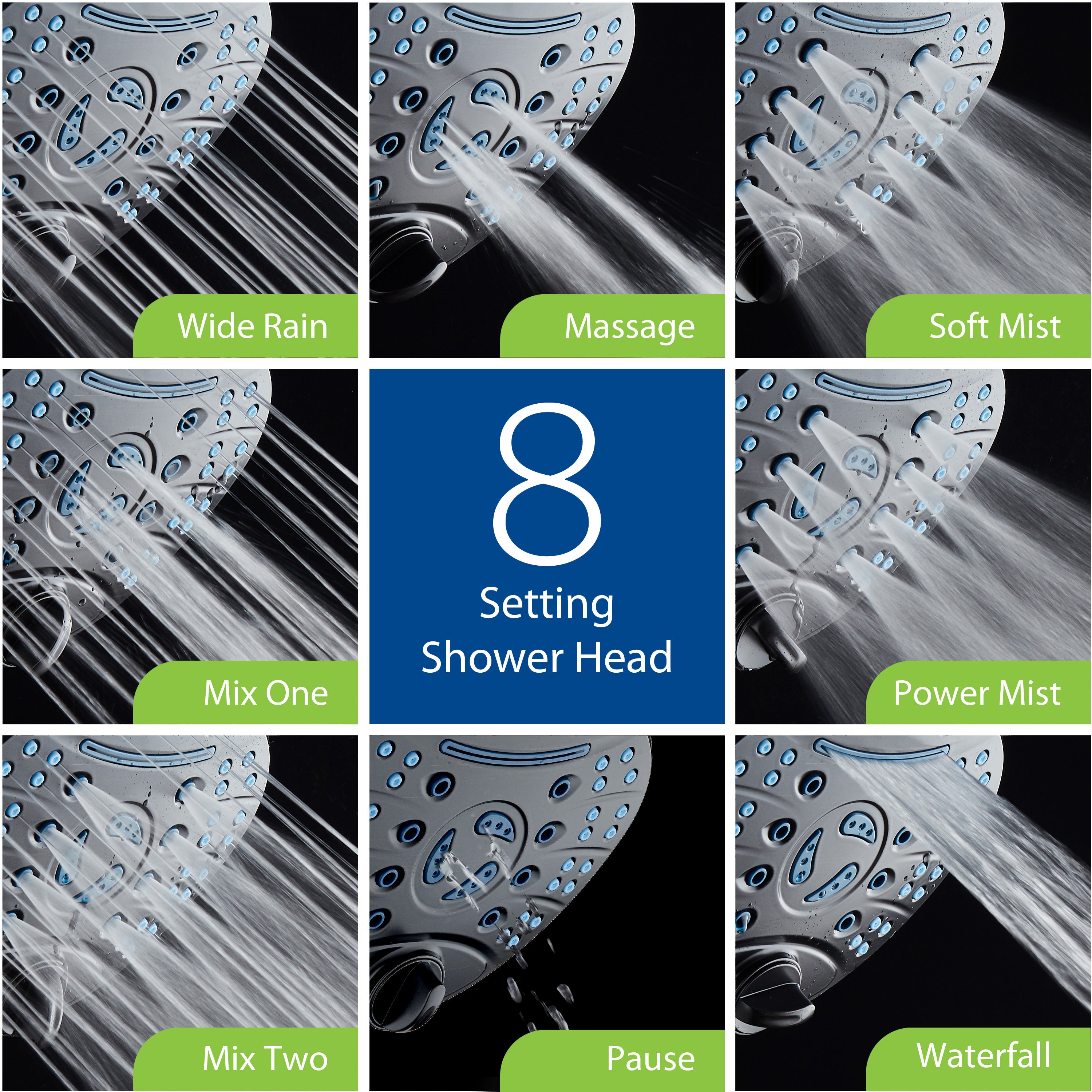 Ultra-Luxury 8-setting 7" Rainfall Shower Head with Antimicrobial Anti-clog Nozzles