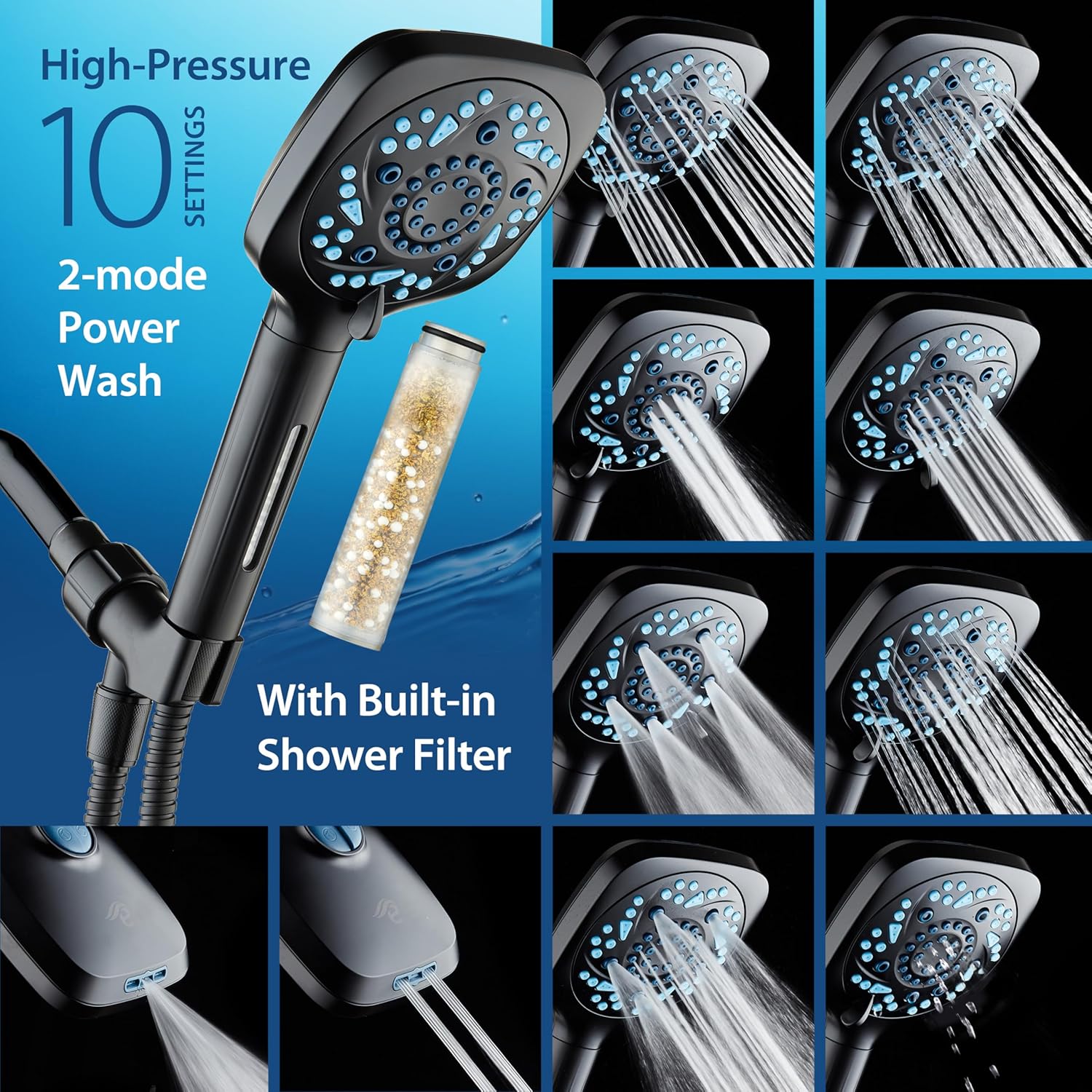 3.0 Series All-in-One 10-setting Hand Shower with Shower Filter, 2-mode Power Wash & Push-button Function Switch