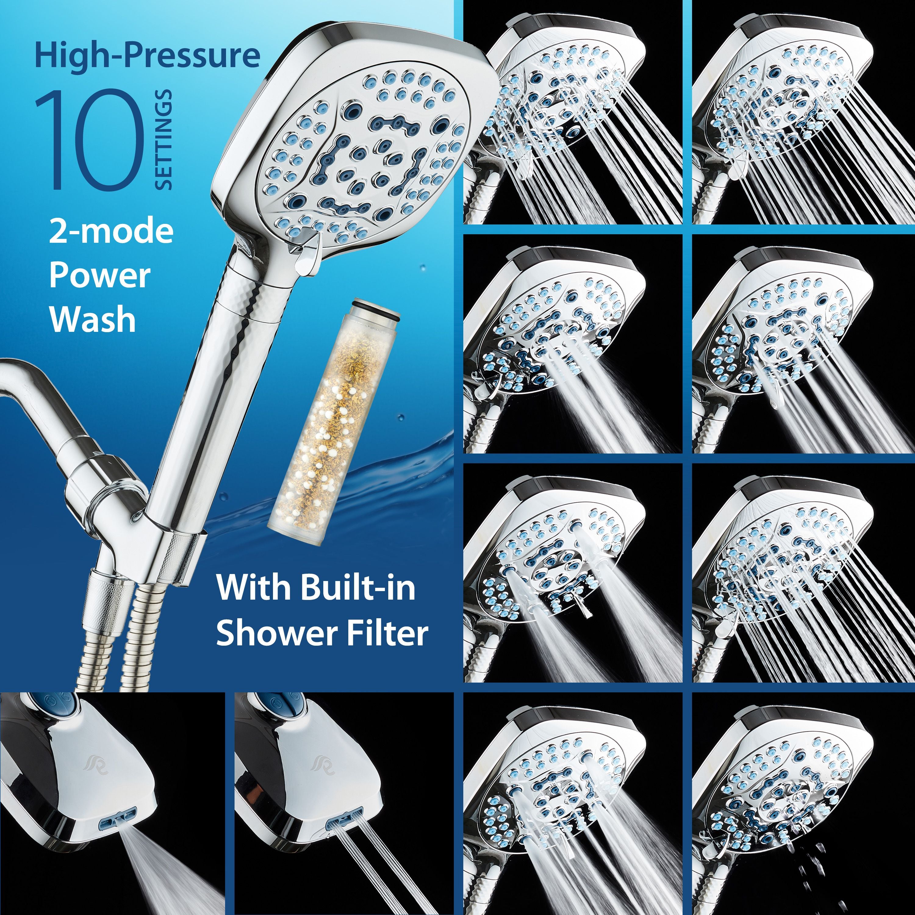 4X Series All-in-One 10-setting Hand Shower with Shower Filter, 2-mode Power Wash & Water Pressure Control