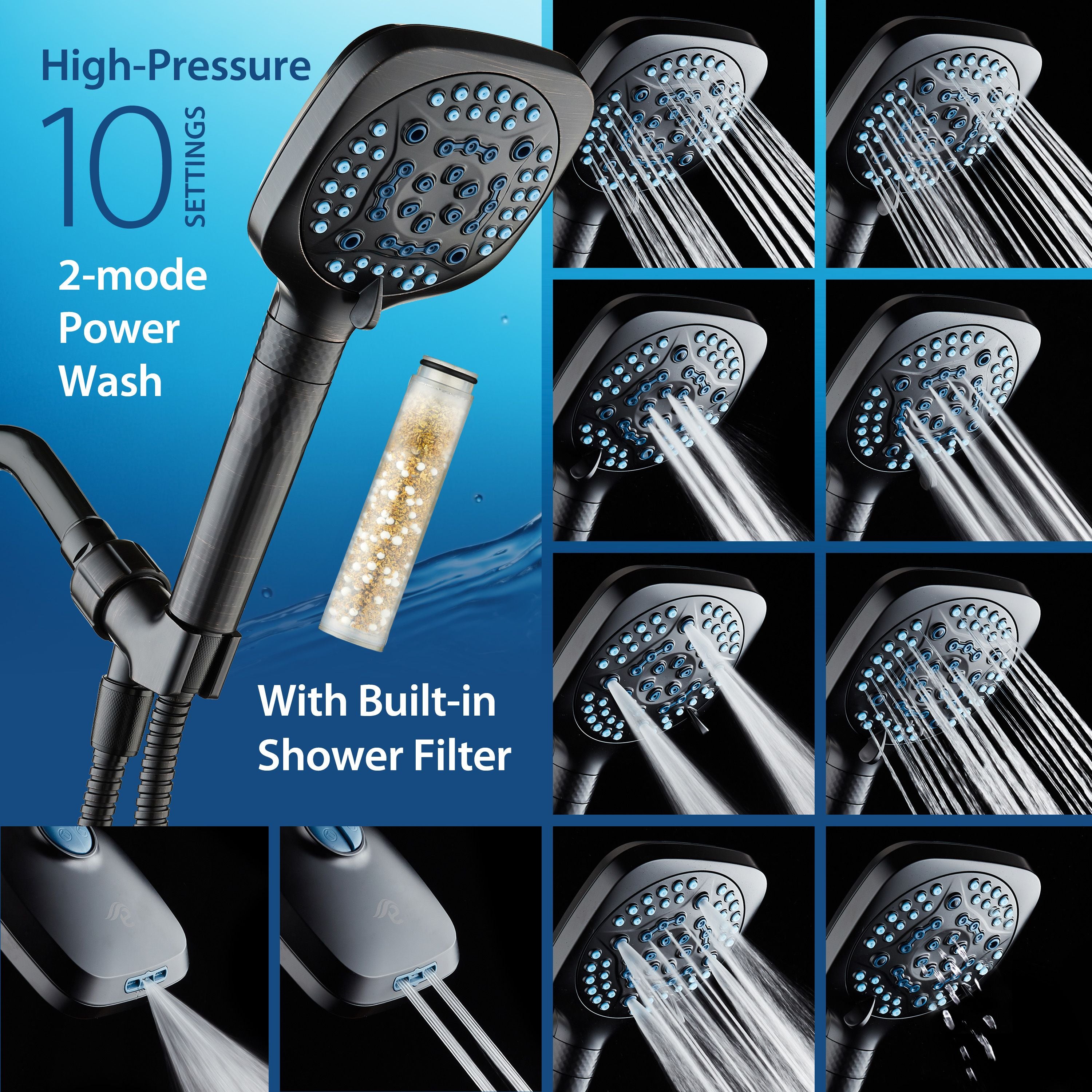 4X Series All-in-One 10-setting Hand Shower with Shower Filter, 2-mode Power Wash & Water Pressure Control