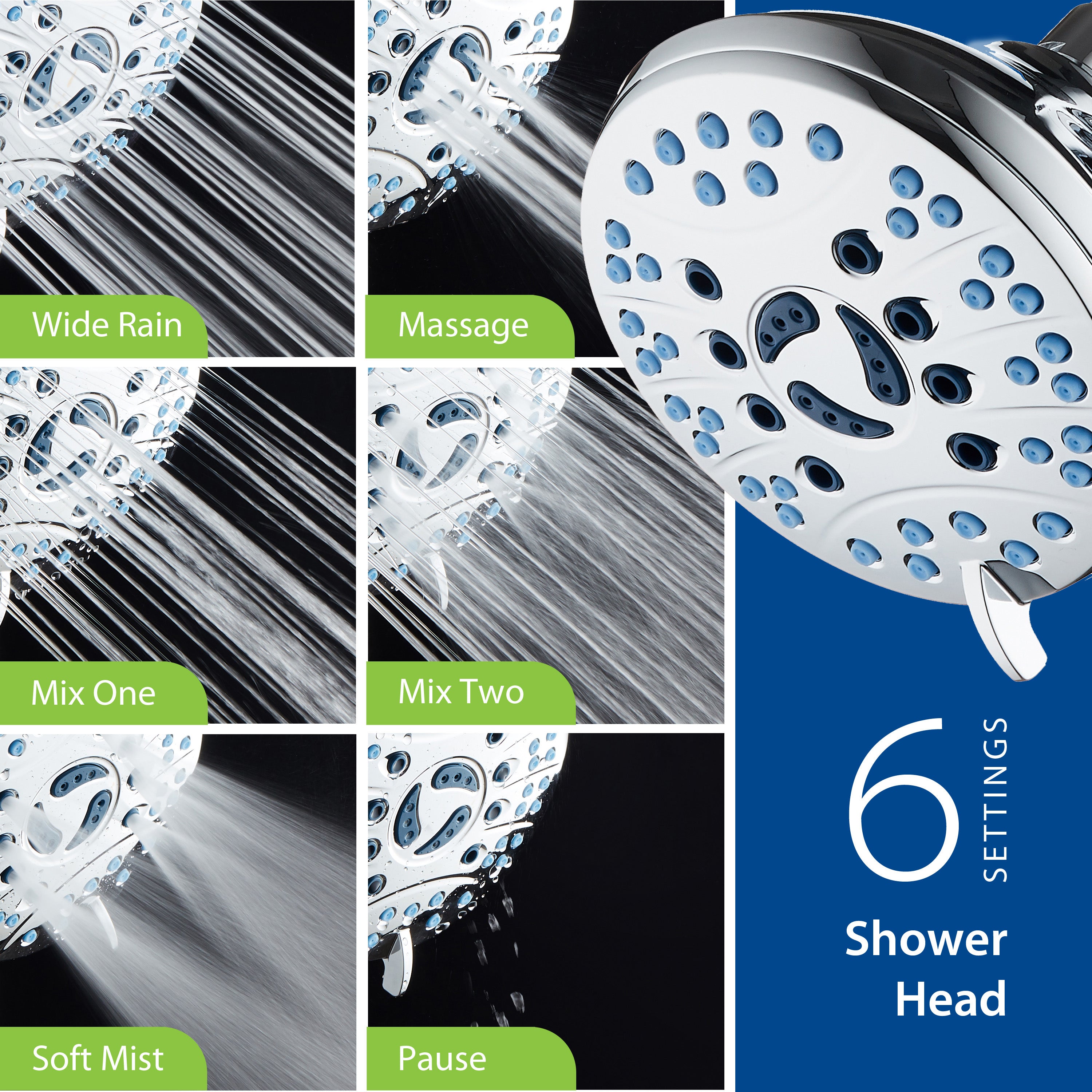 Ultra-Luxury 6-setting Overhead Shower Head with Antimicrobial Anti-clog Nozzles