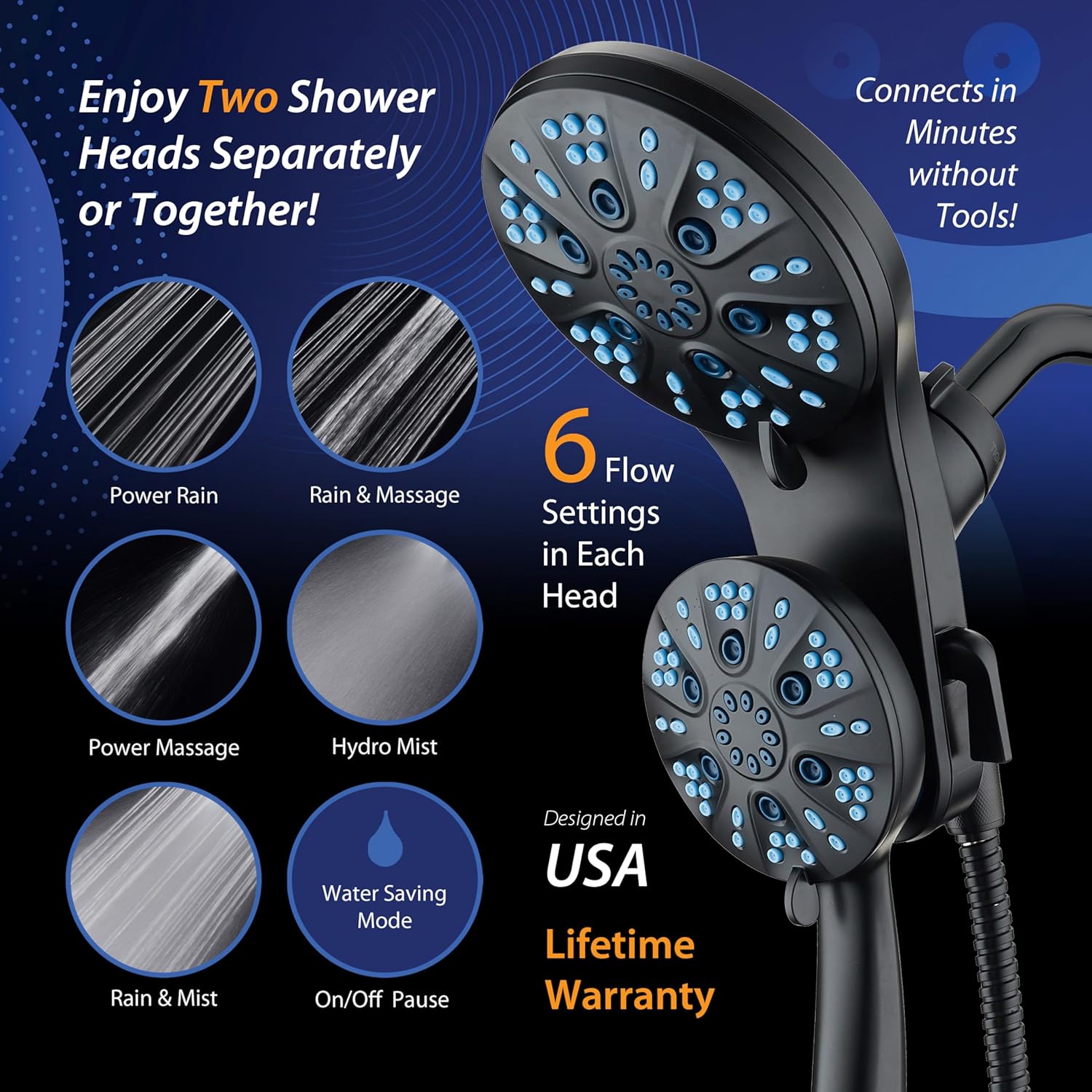 Magneton 48-setting Raised 3-way Rainfall Shower Combo with Magnetic Docking
