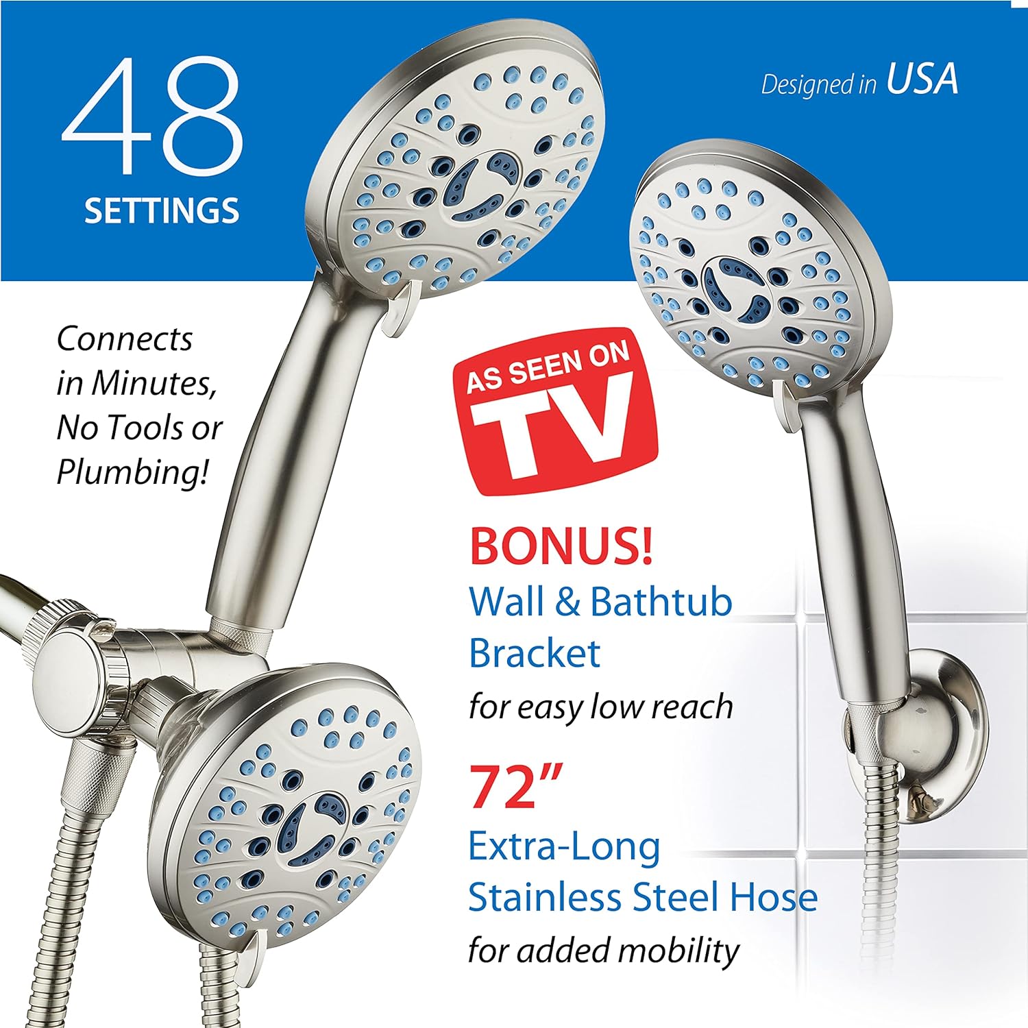 50-setting 3-way Twin Shower Combo with 2-mode Power Wash & Bonus Wall Bracket