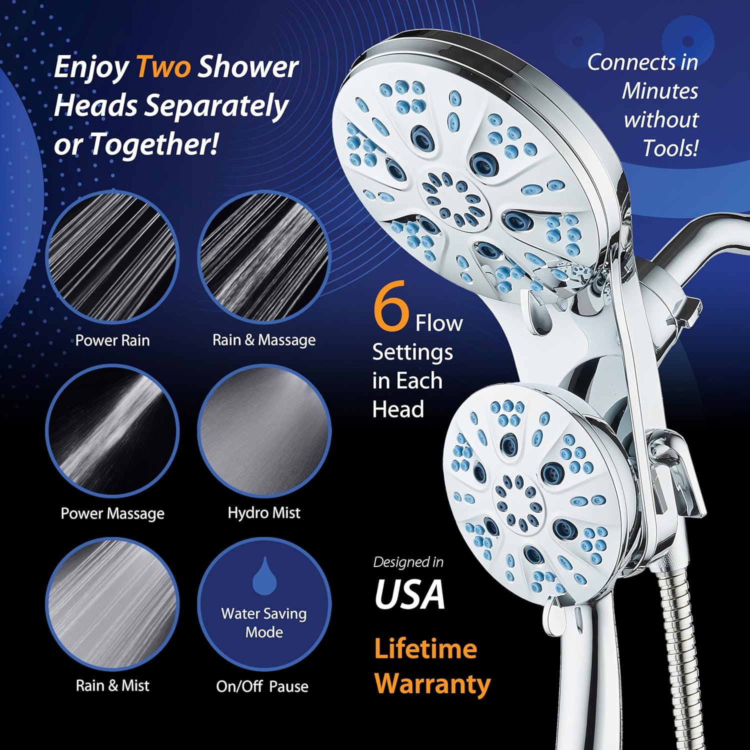 Magneton 48-setting Raised 3-way Rainfall Shower Combo with Magnetic Docking