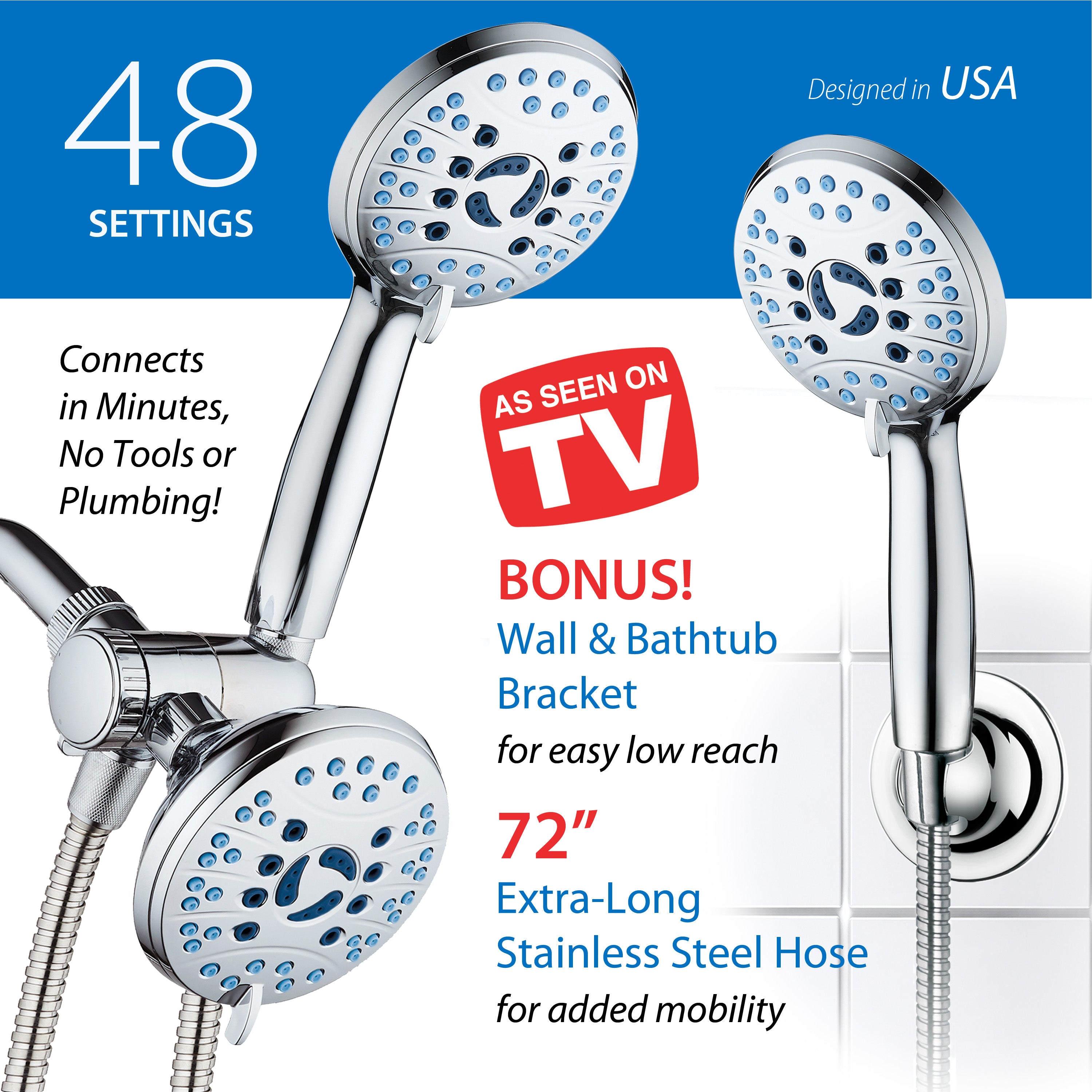 50-setting 3-way Twin Shower Combo with 2-mode Power Wash & Bonus Wall Bracket