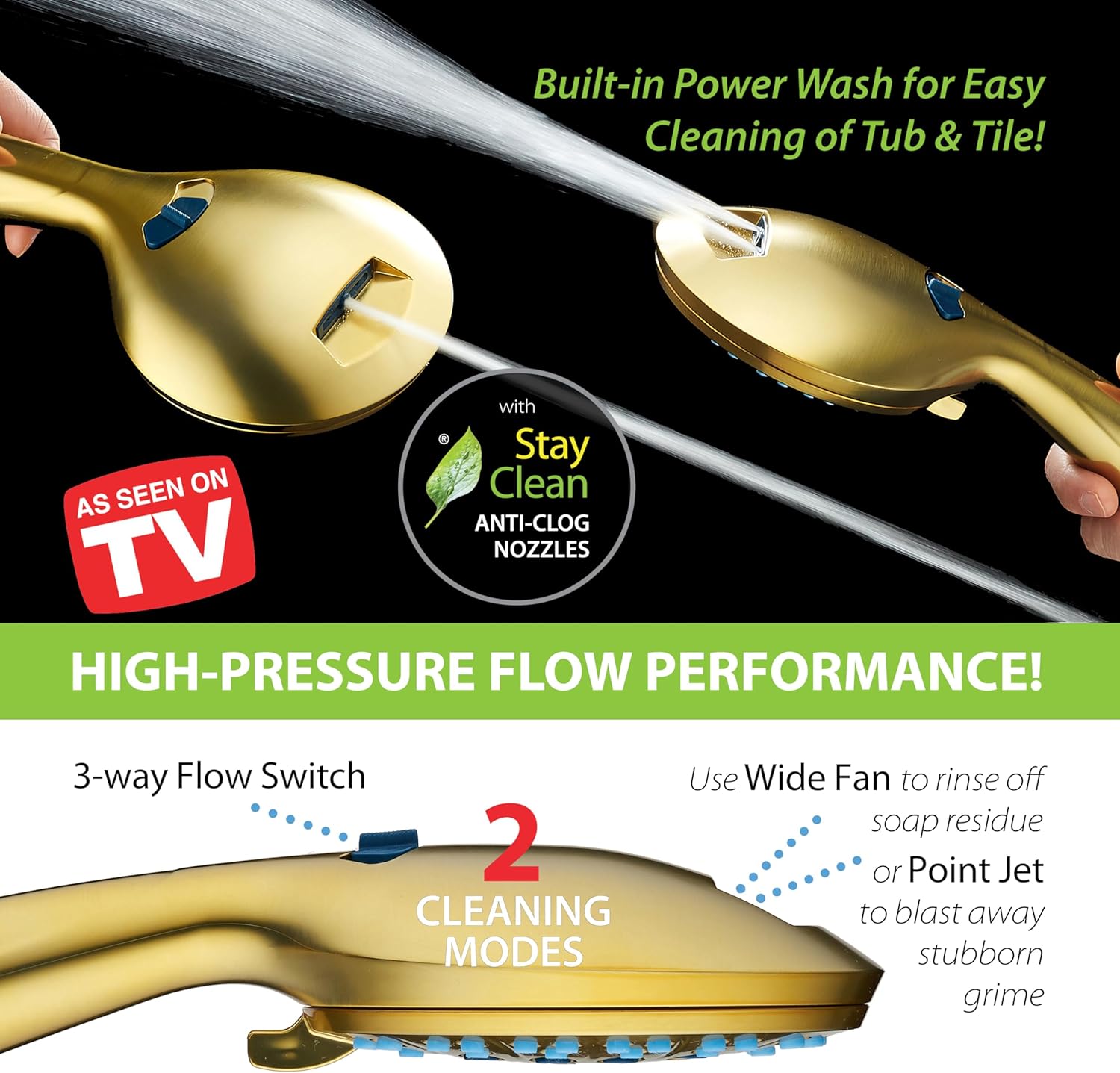 High-pressure 8-setting Hand Shower with Patented 2-mode Power Wash & Bonus Wall Bracket