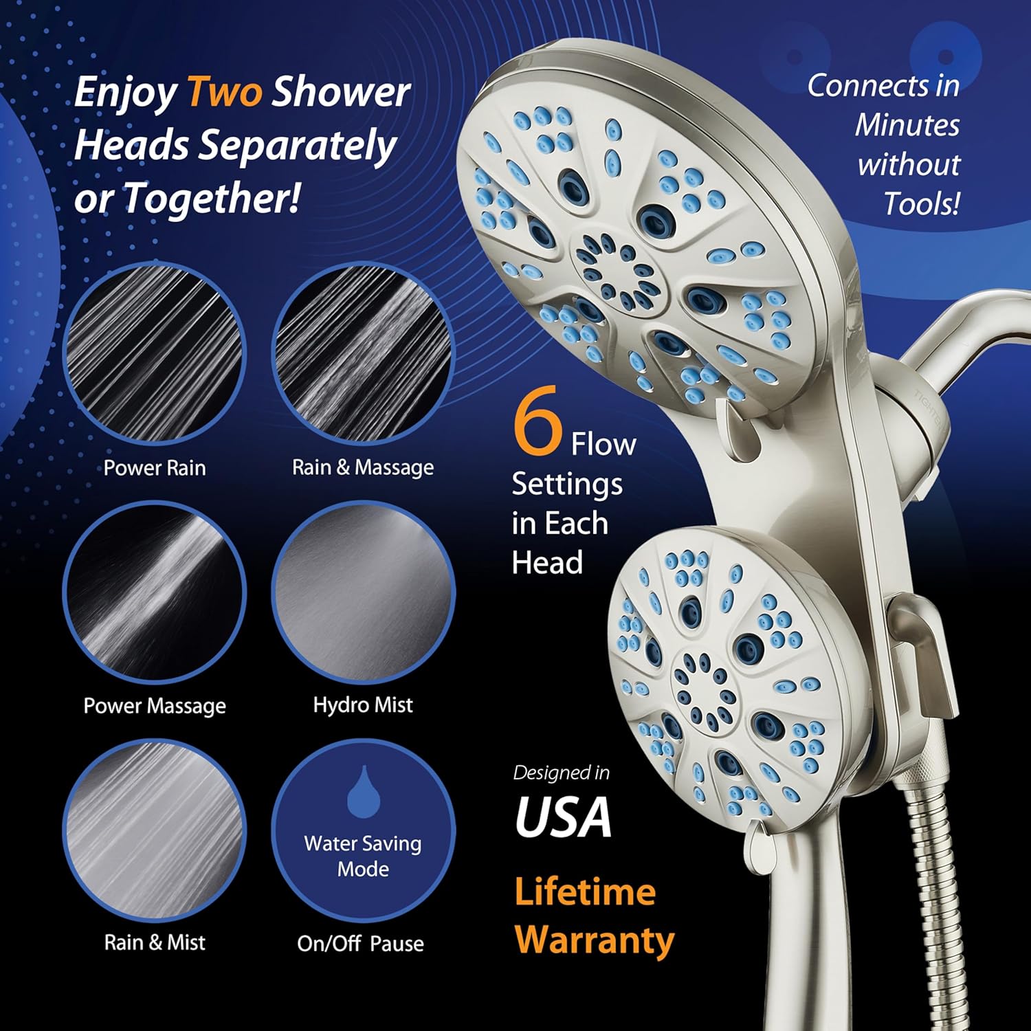 Magneton 48-setting Raised 3-way Rainfall Shower Combo with Magnetic Docking