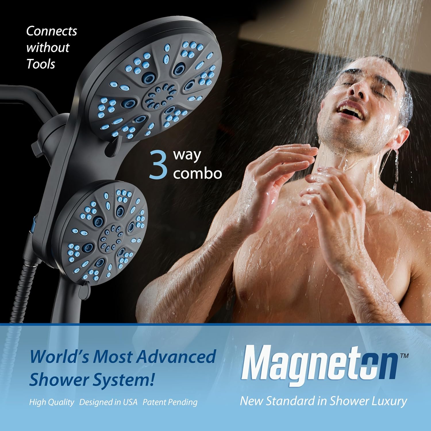Magneton 48-setting Raised 3-way Rainfall Shower Combo with Magnetic Docking