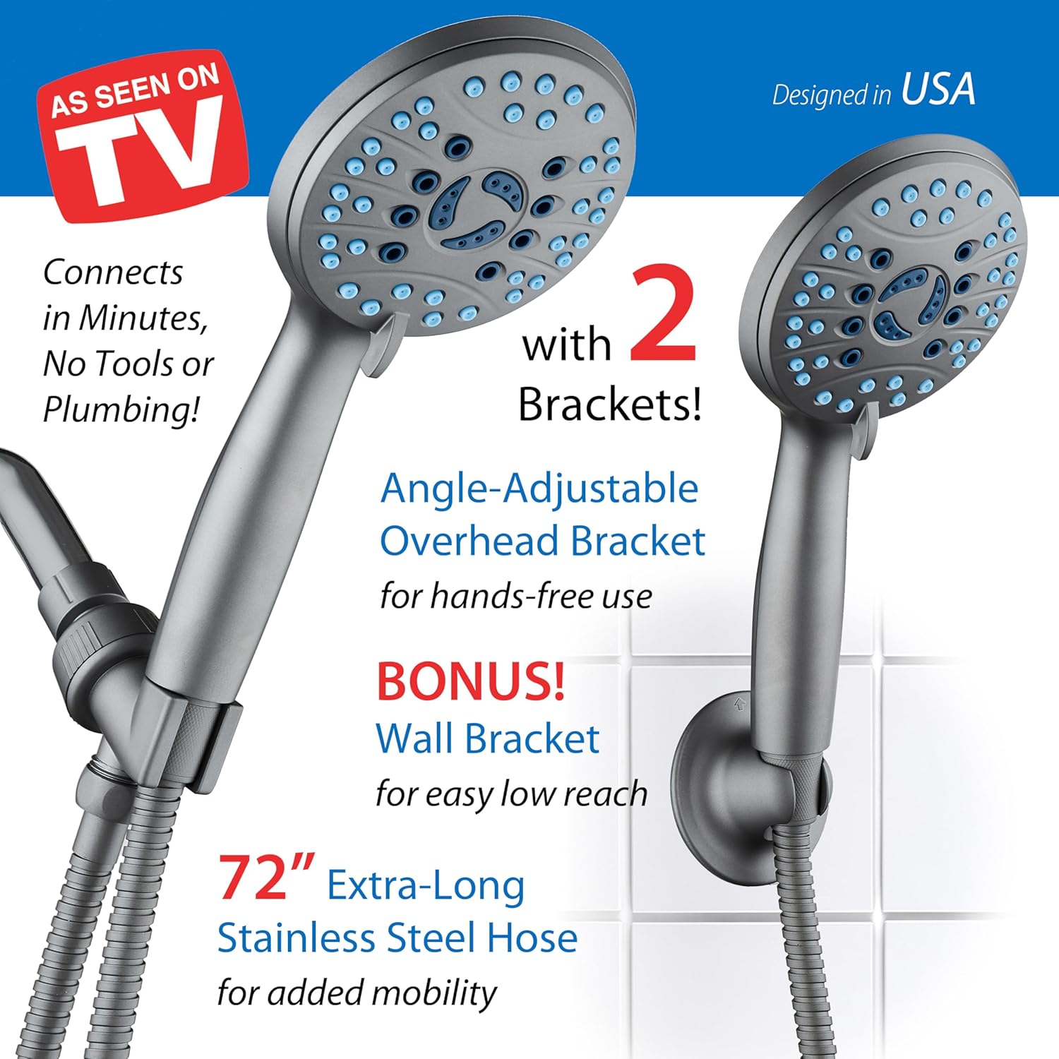 High-pressure 8-setting Hand Shower with Patented 2-mode Power Wash & Bonus Wall Bracket