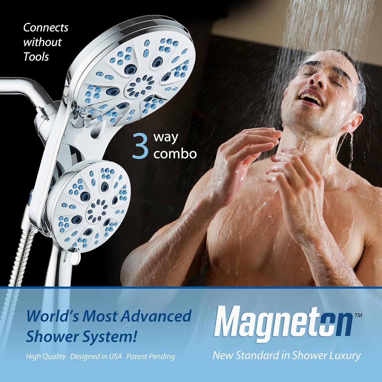 Magneton 48-setting Raised 3-way Rainfall Shower Combo with Magnetic Docking