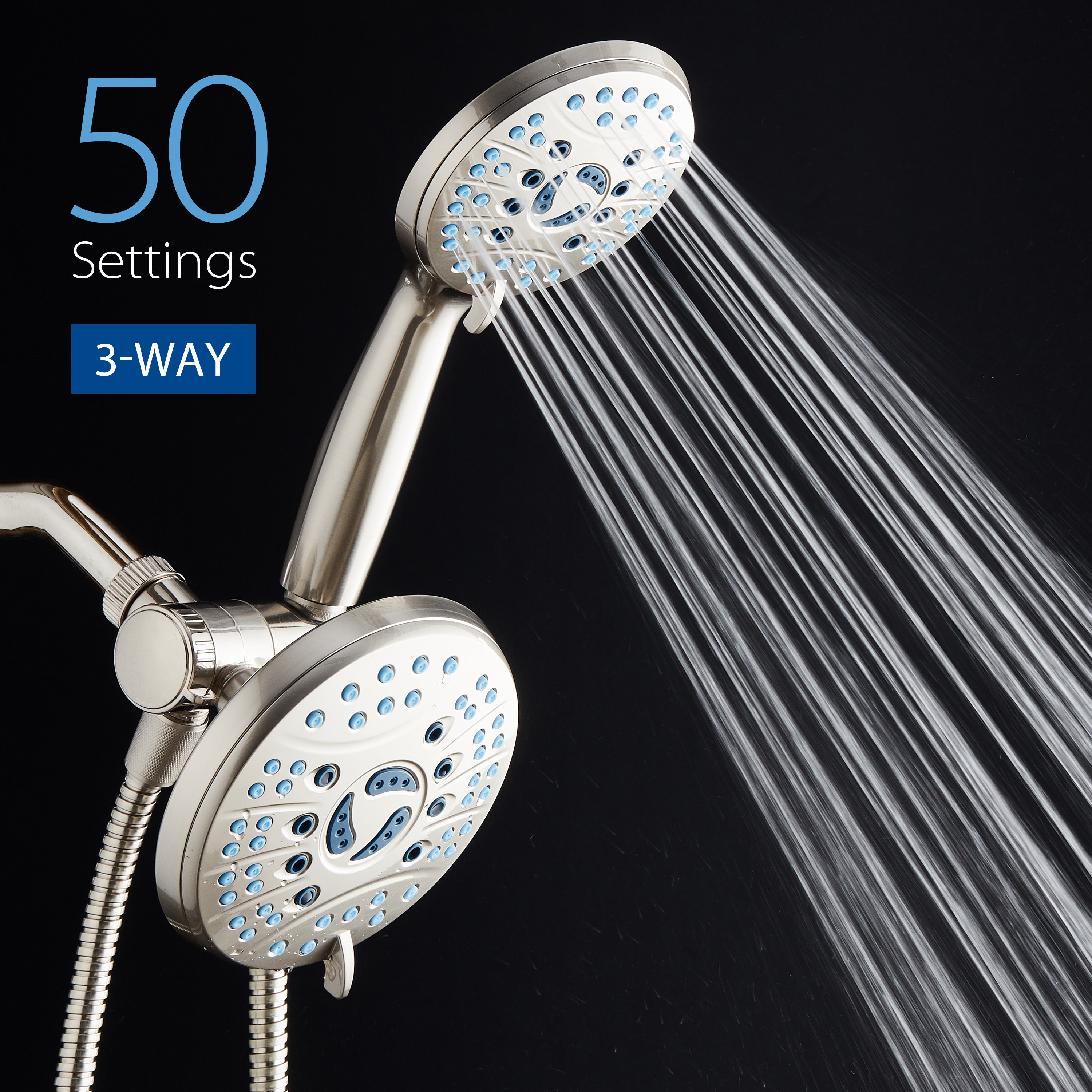 High-pressure 50-setting 3-way Rain Shower Combo with Patented 2-mode Power Wash & Bonus Wall Bracket