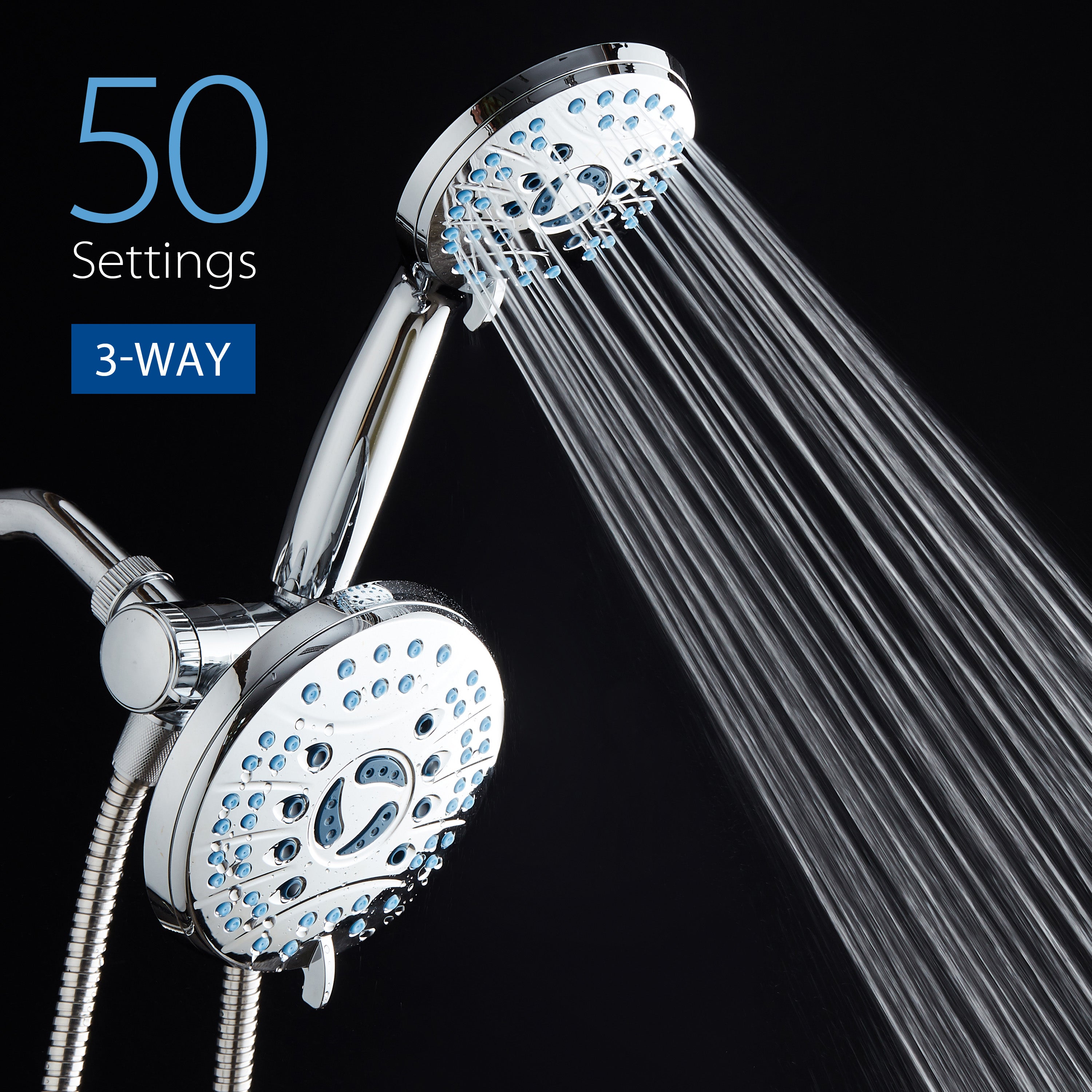 High-pressure 50-setting 3-way Rain Shower Combo with Patented 2-mode Power Wash & Bonus Wall Bracket