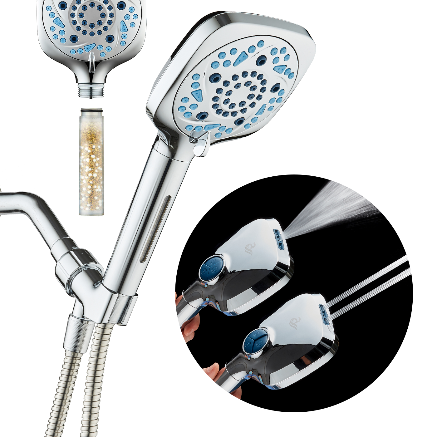 3.0 Series All-in-One 10-setting Hand Shower with Shower Filter, 2-mode Power Wash & Push-button Function Switch