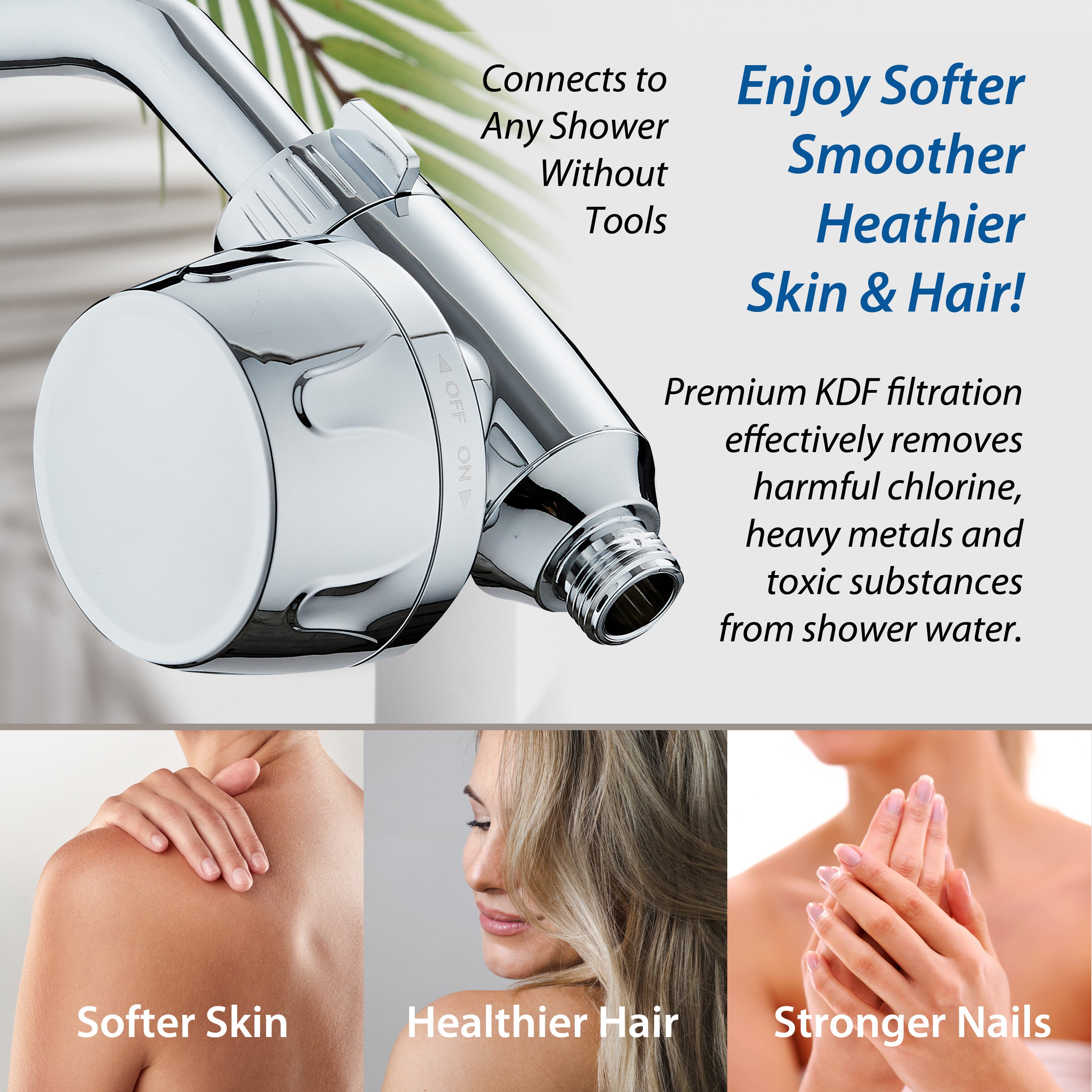 Instant-reload Universal Shower Filter with ON/OFF Filtration Modes & Antimicrobial KDF Cartridge
