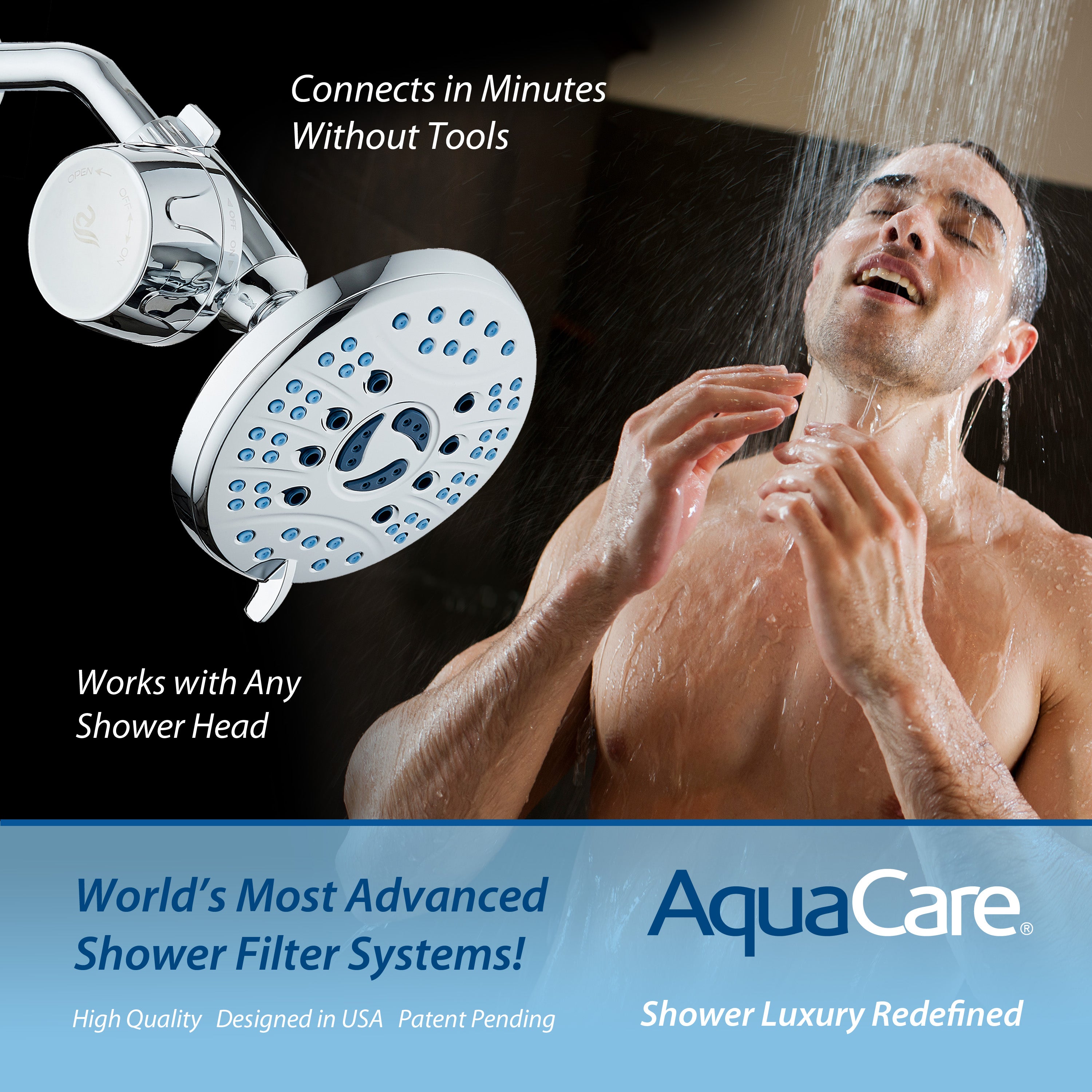 Instant-reload Universal Shower Filter with ON/OFF Filtration Modes & Antimicrobial KDF Cartridge