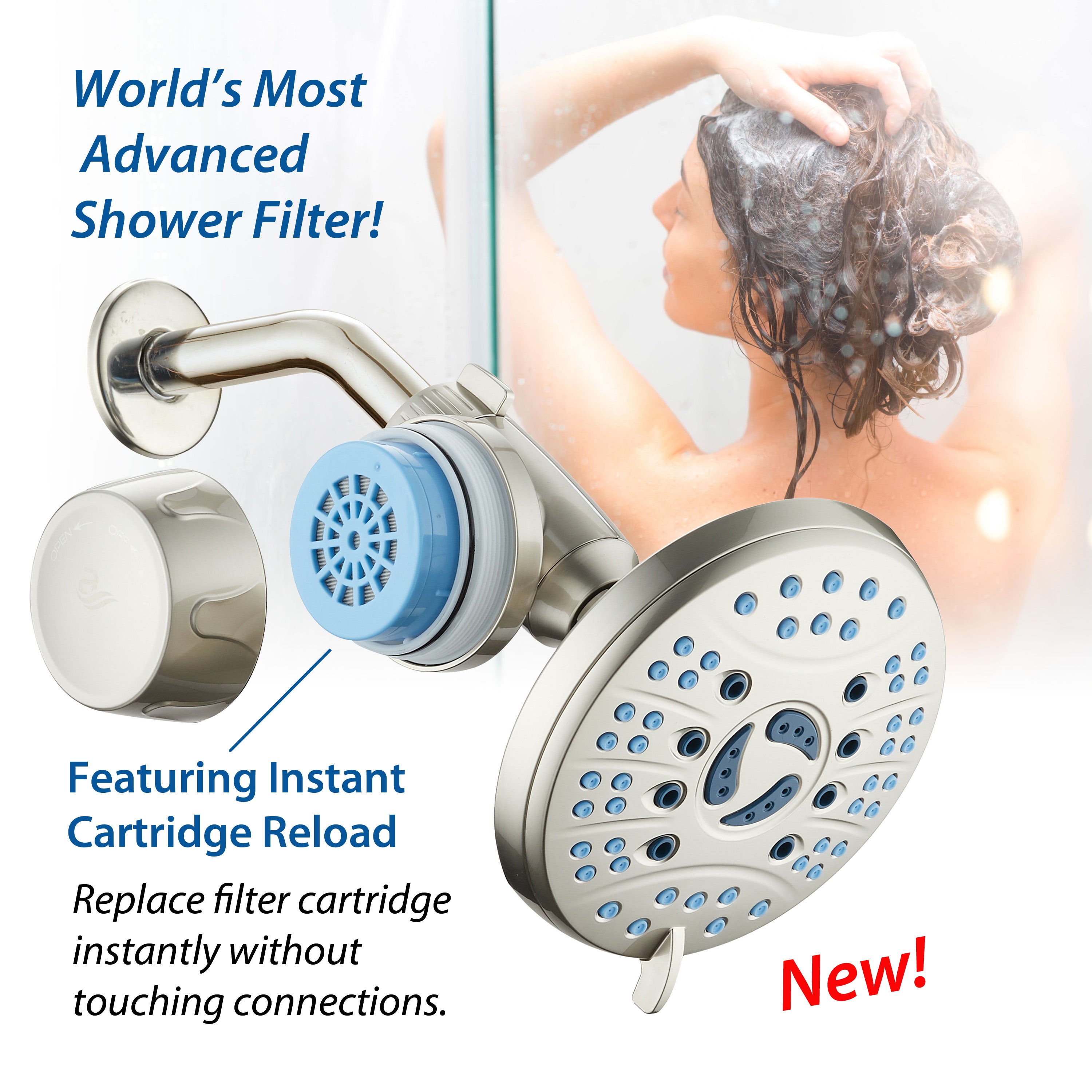 Instant-reload Universal Shower Filter with ON/OFF Filtration Modes & Antimicrobial KDF Cartridge