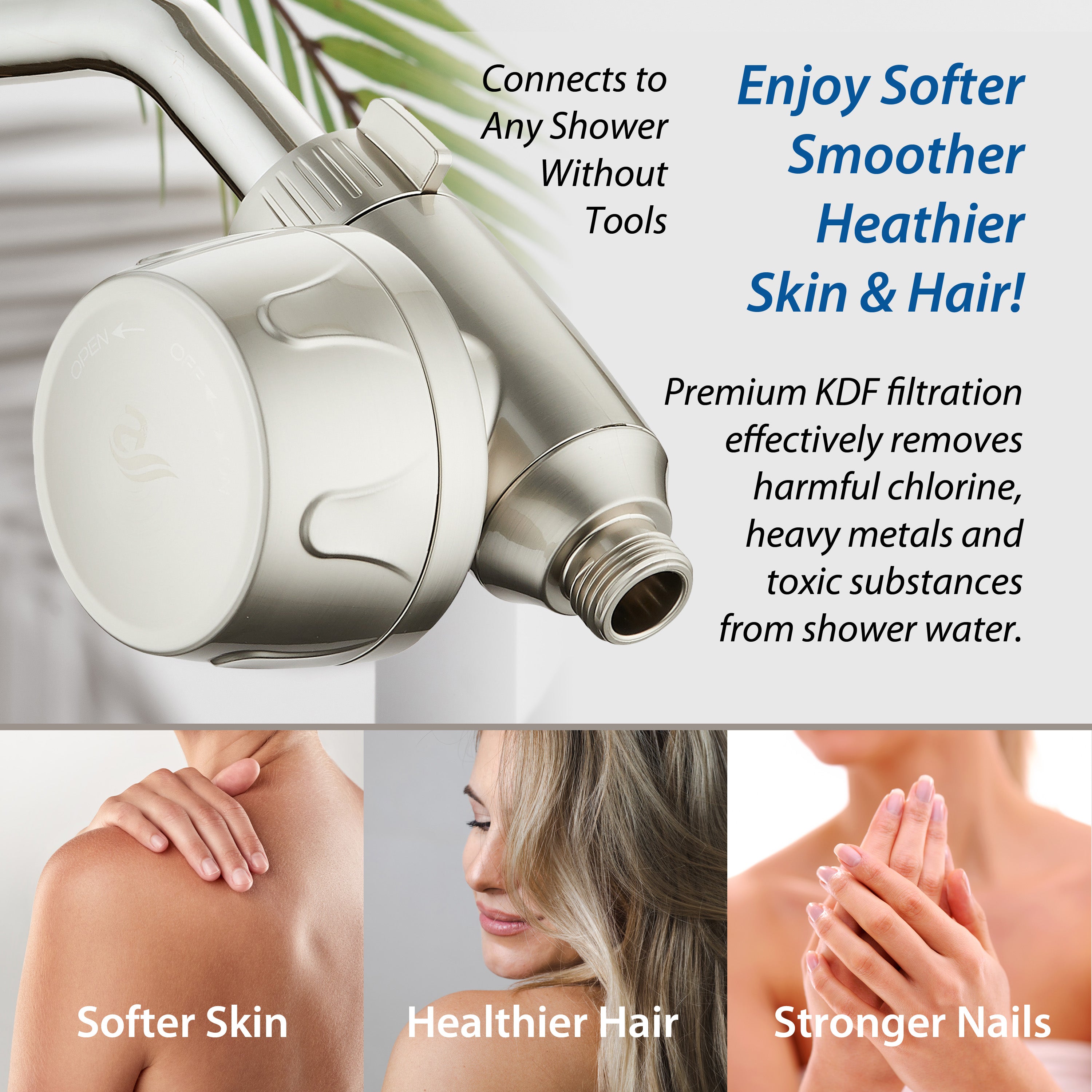 Instant-reload Universal Shower Filter with ON/OFF Filtration Modes & Antimicrobial KDF Cartridge