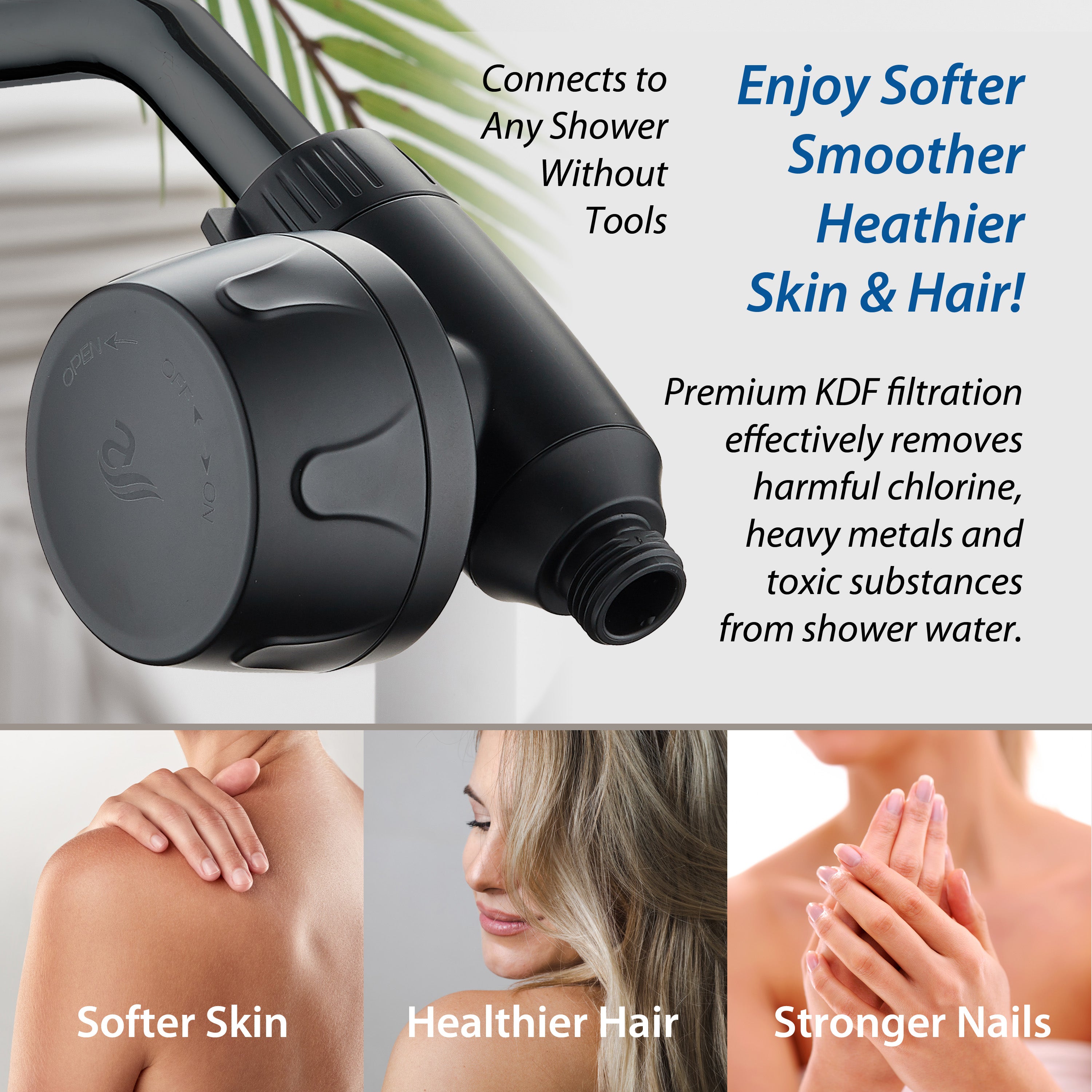 Instant-reload Universal Shower Filter with ON/OFF Filtration Modes & Antimicrobial KDF Cartridge