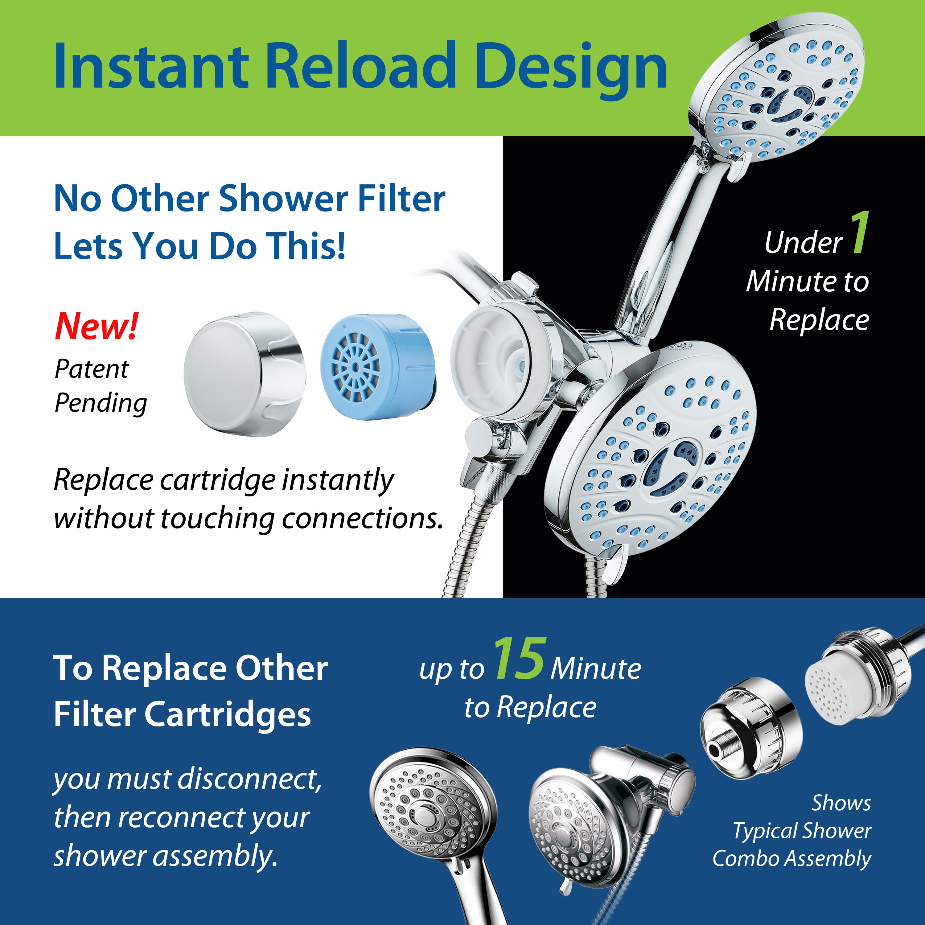 Integrated Shower Filter for Combos with Water Diverter & Antimicrobial KDF Cartridge