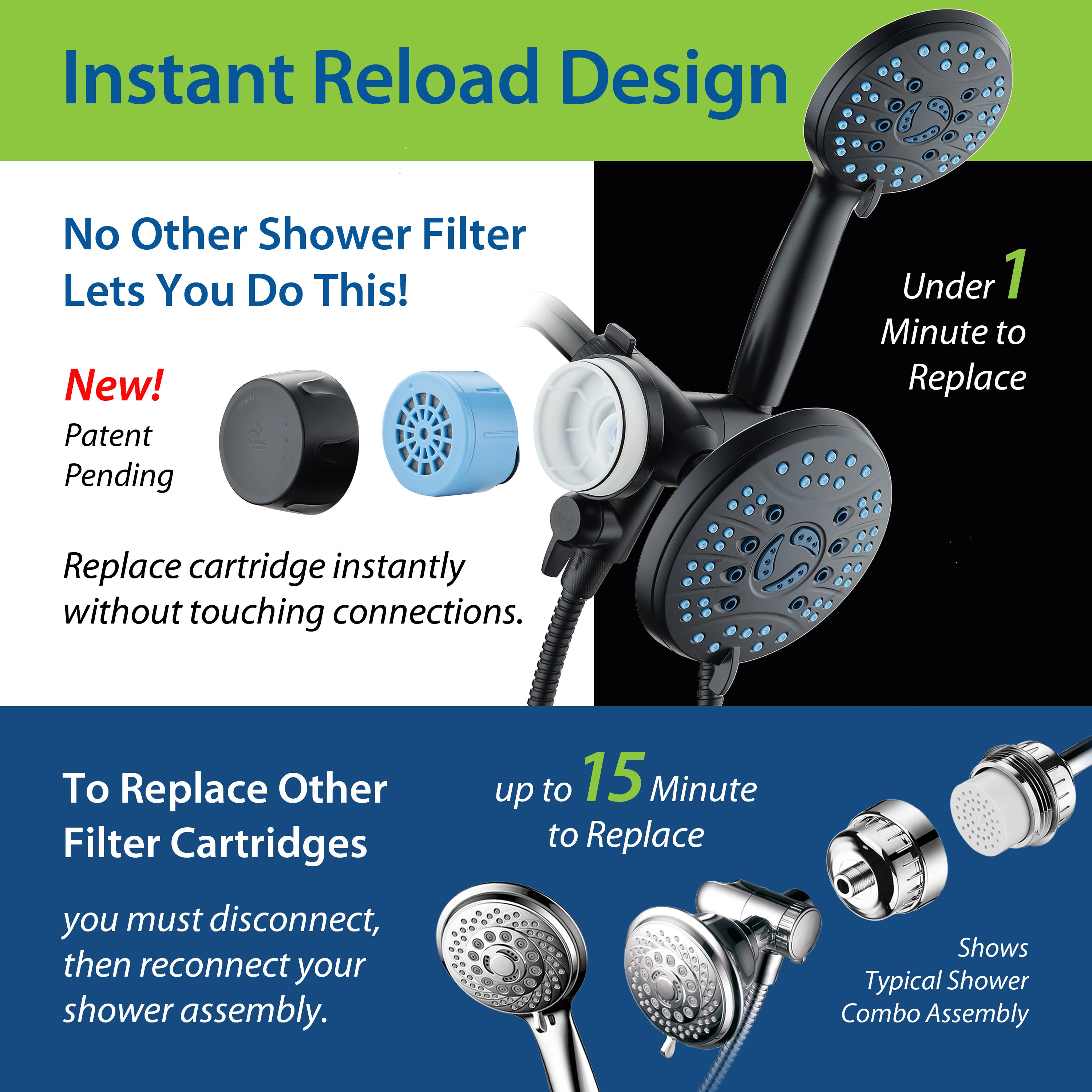 Integrated Shower Filter for Combos with Water Diverter & Antimicrobial KDF Cartridge