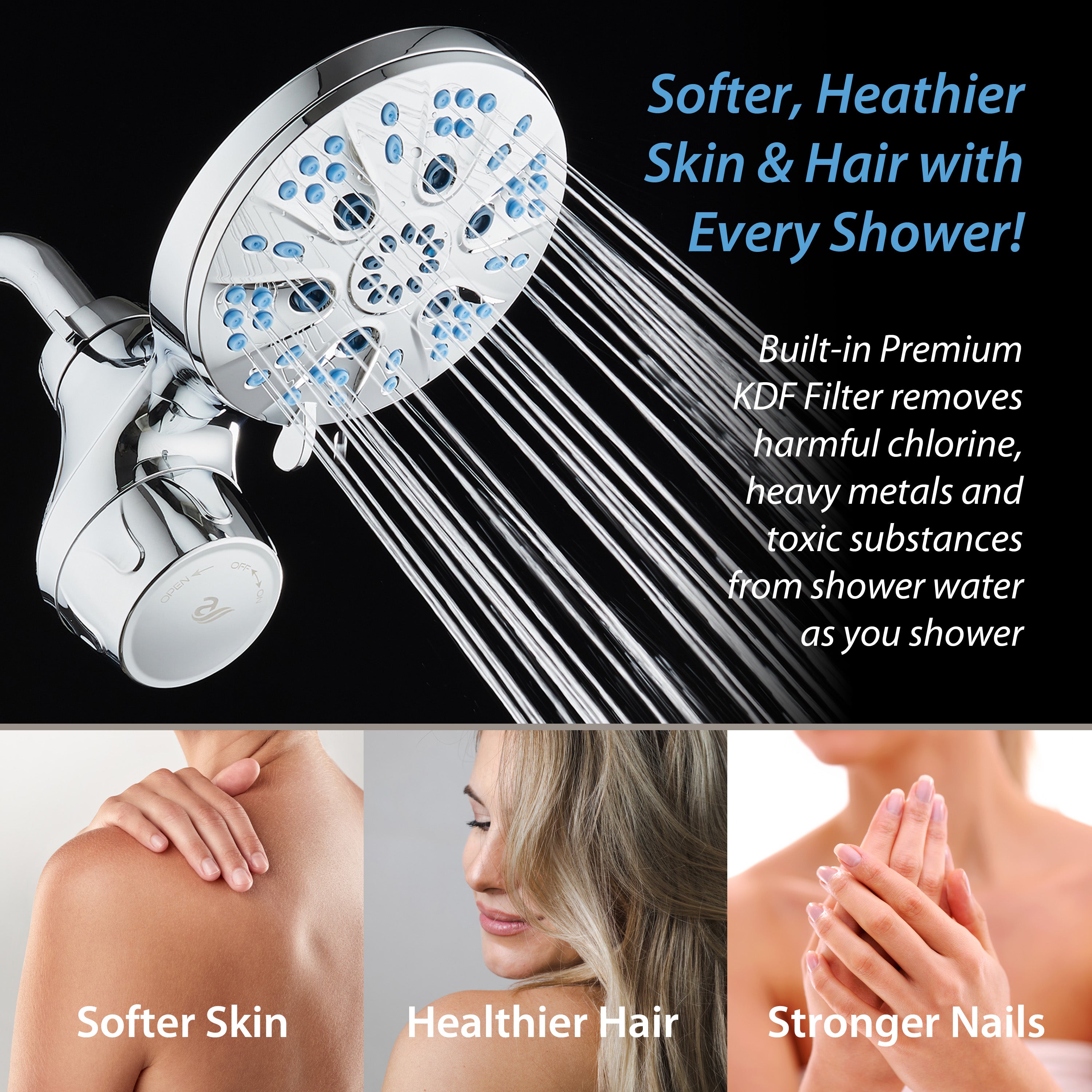 Raised 6-setting 6" Rain Showerhead with Built-in Shower Filter & Antimicrobial KDF Cartridge