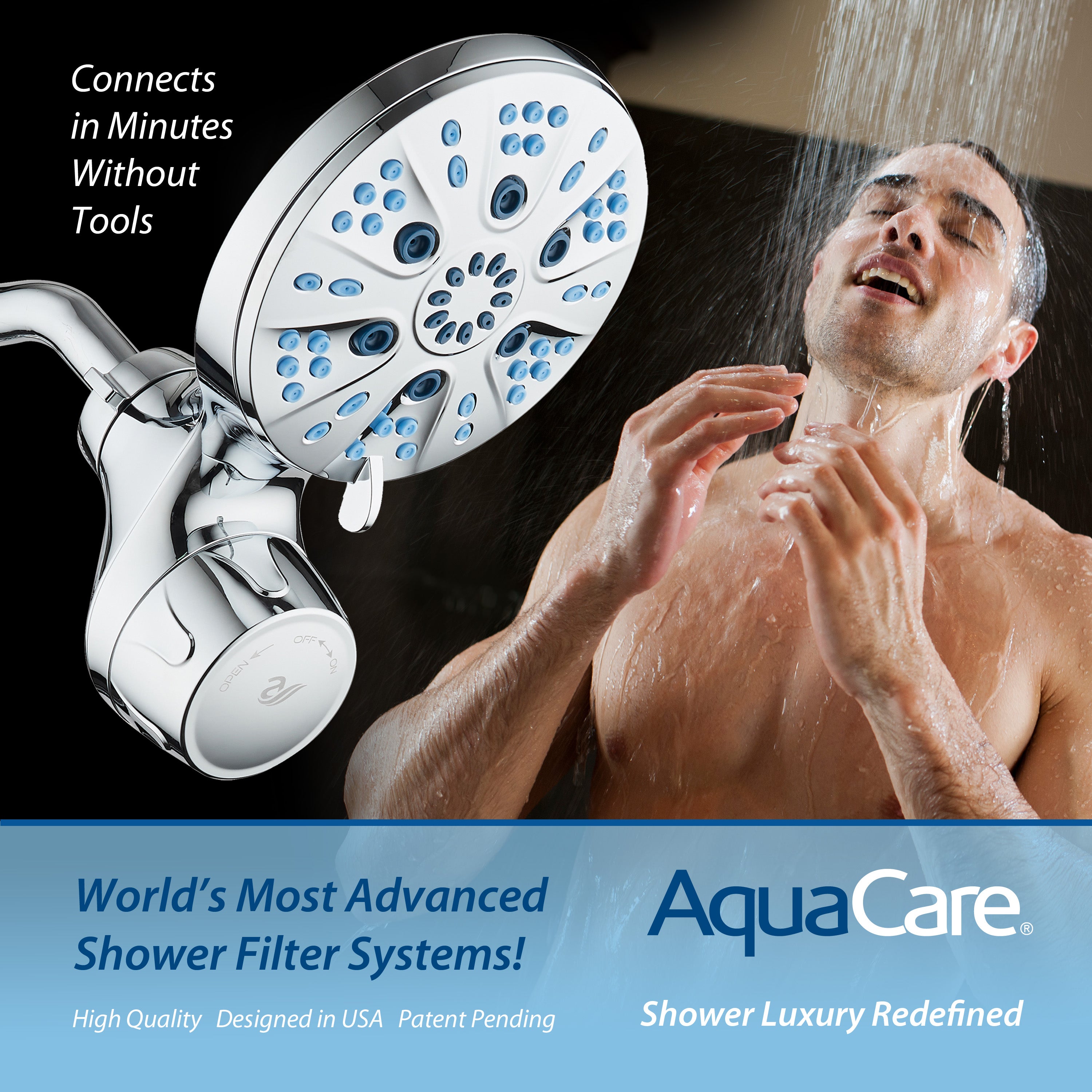 Raised 6-setting 6" Rain Showerhead with Built-in Shower Filter & Antimicrobial KDF Cartridge