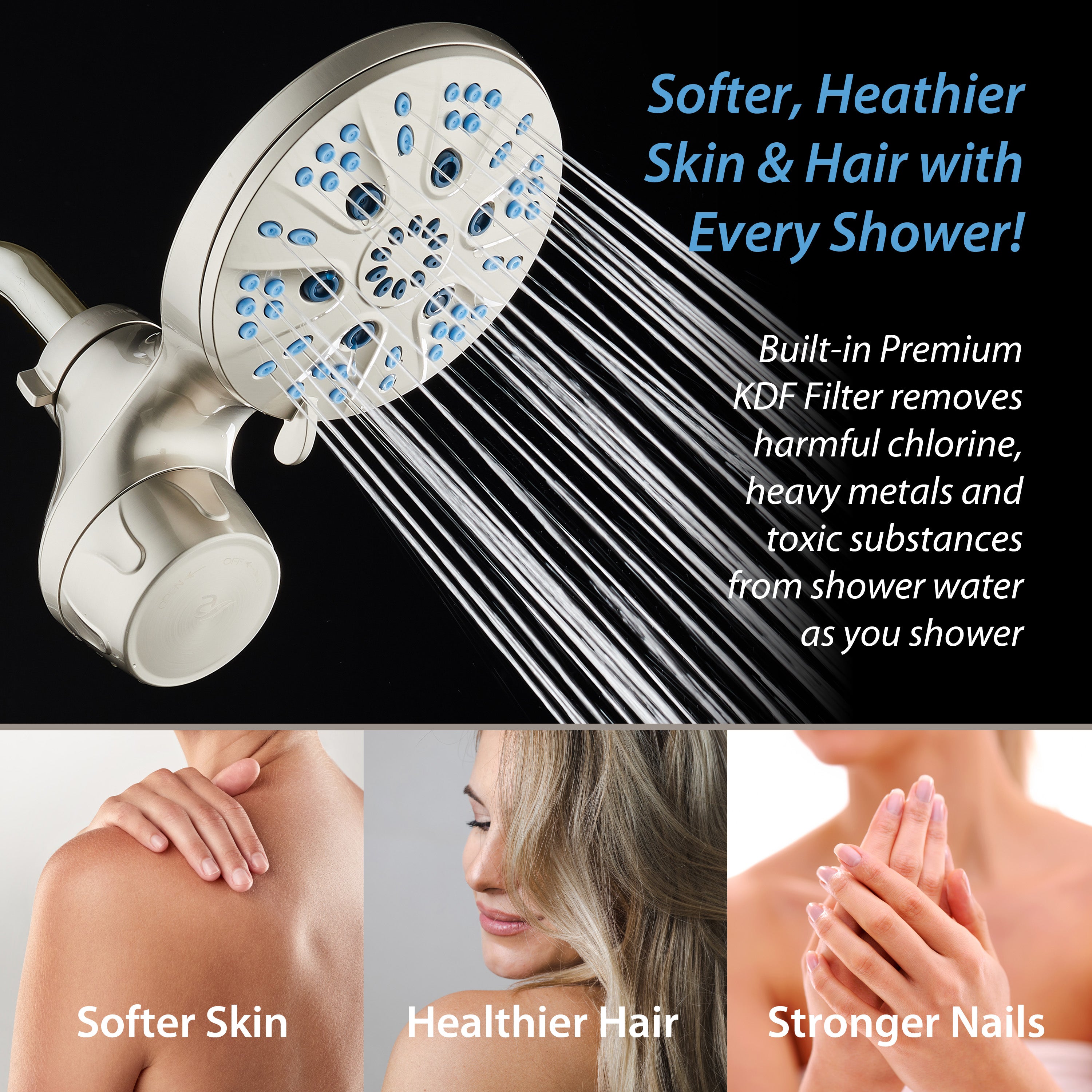 Raised 6-setting 6" Rain Showerhead with Built-in Shower Filter & Antimicrobial KDF Cartridge