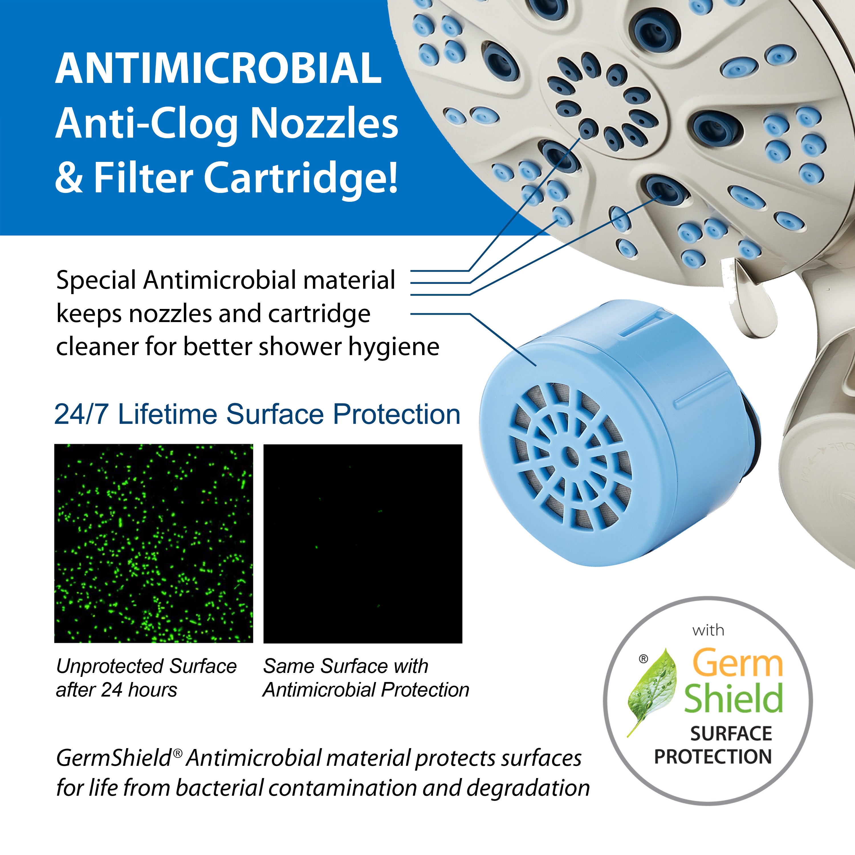 Raised 6-setting 6" Rain Showerhead with Built-in Shower Filter & Antimicrobial KDF Cartridge