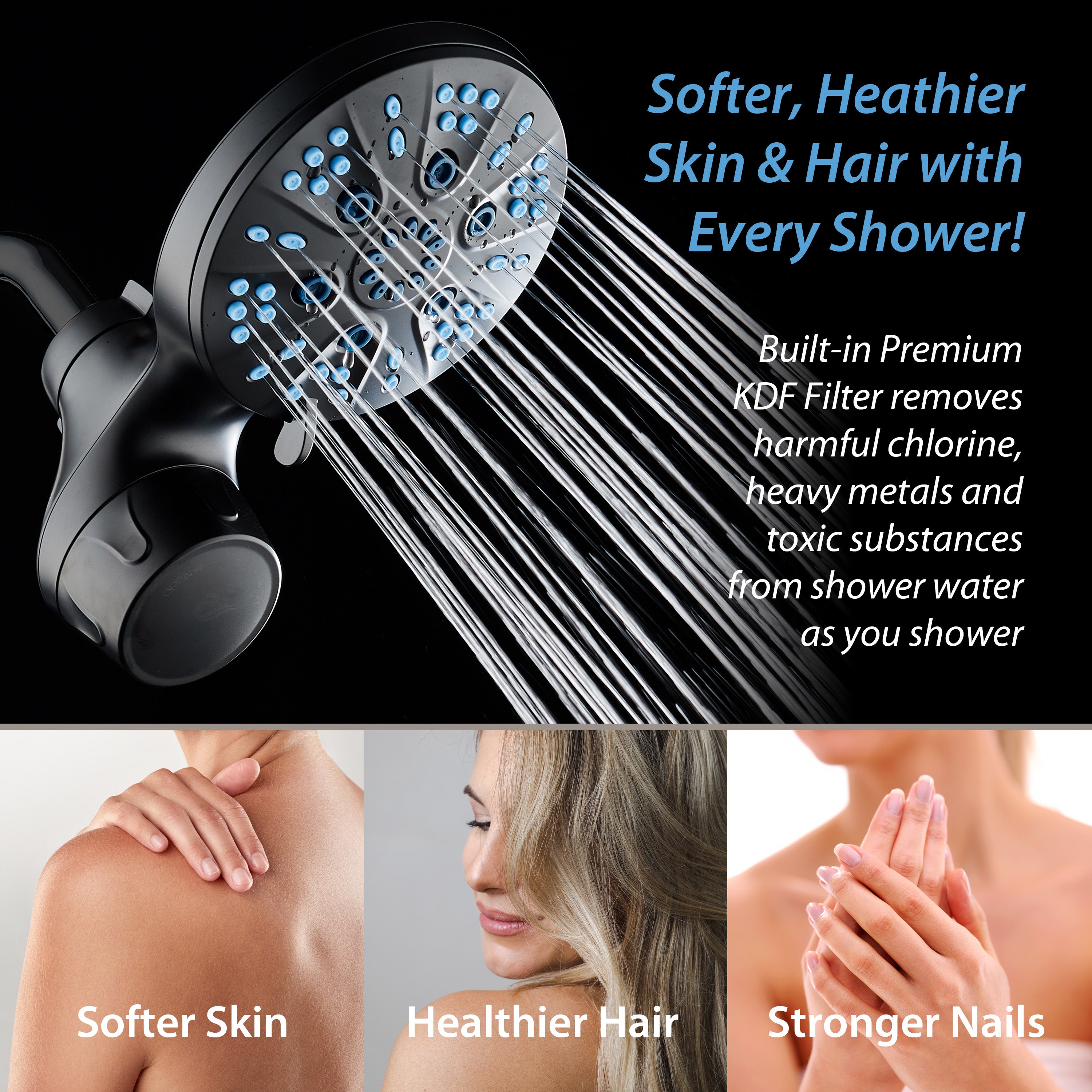 Raised 6-setting 6" Rain Showerhead with Built-in Shower Filter & Antimicrobial KDF Cartridge