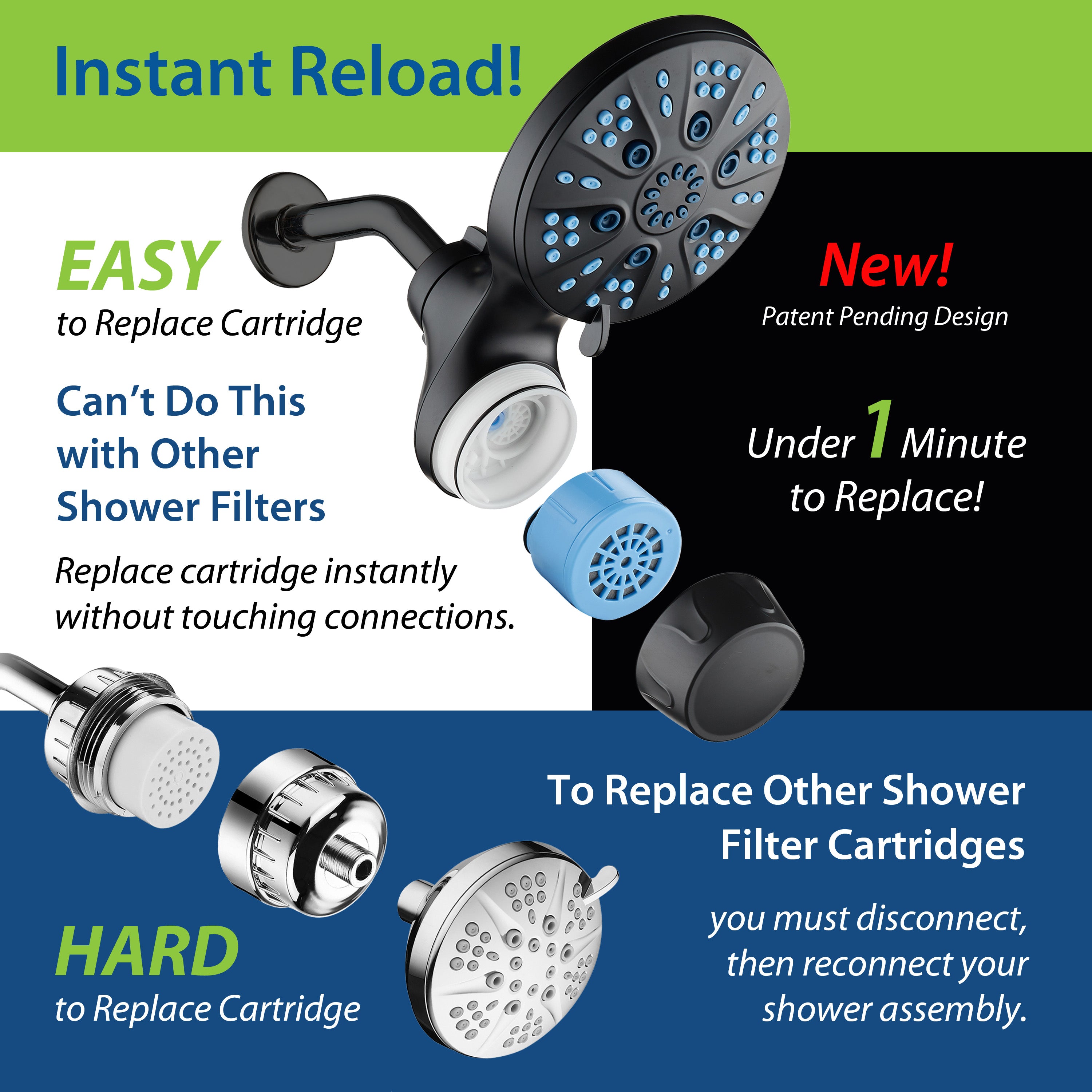 Raised 6-setting 6" Rain Showerhead with Built-in Shower Filter & Antimicrobial KDF Cartridge