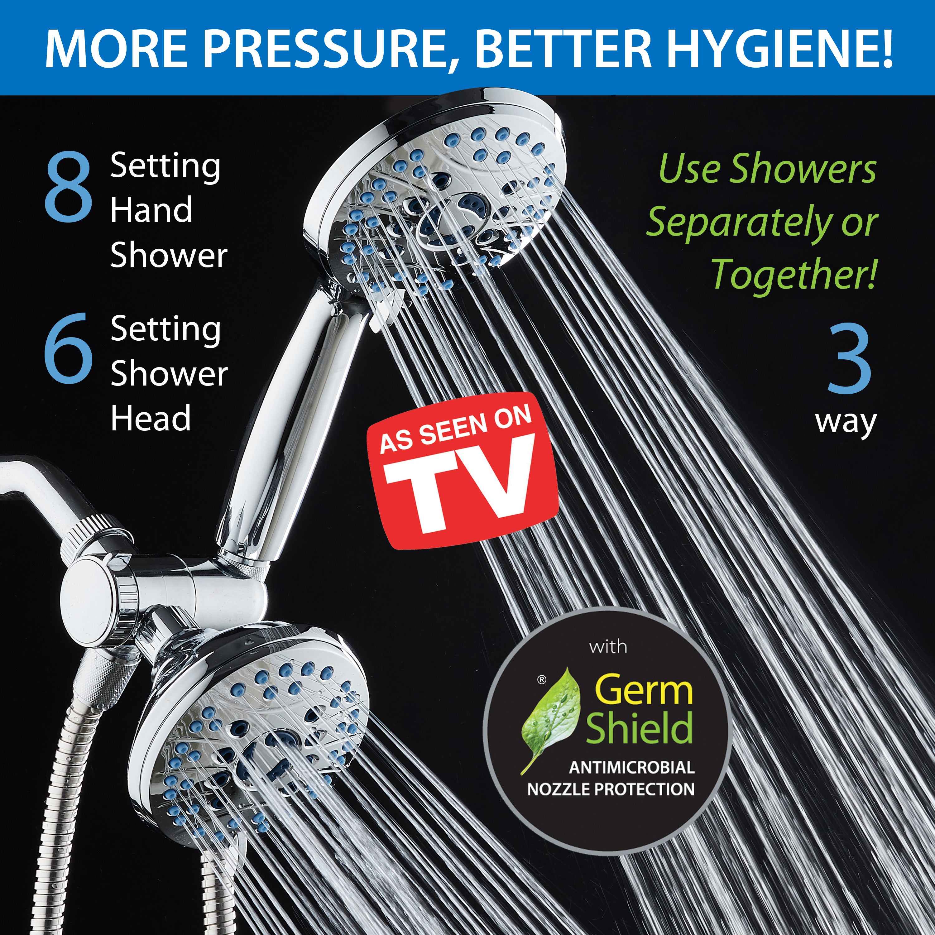 50-setting 3-way Twin Shower Combo with 2-mode Power Wash & Bonus Wall Bracket