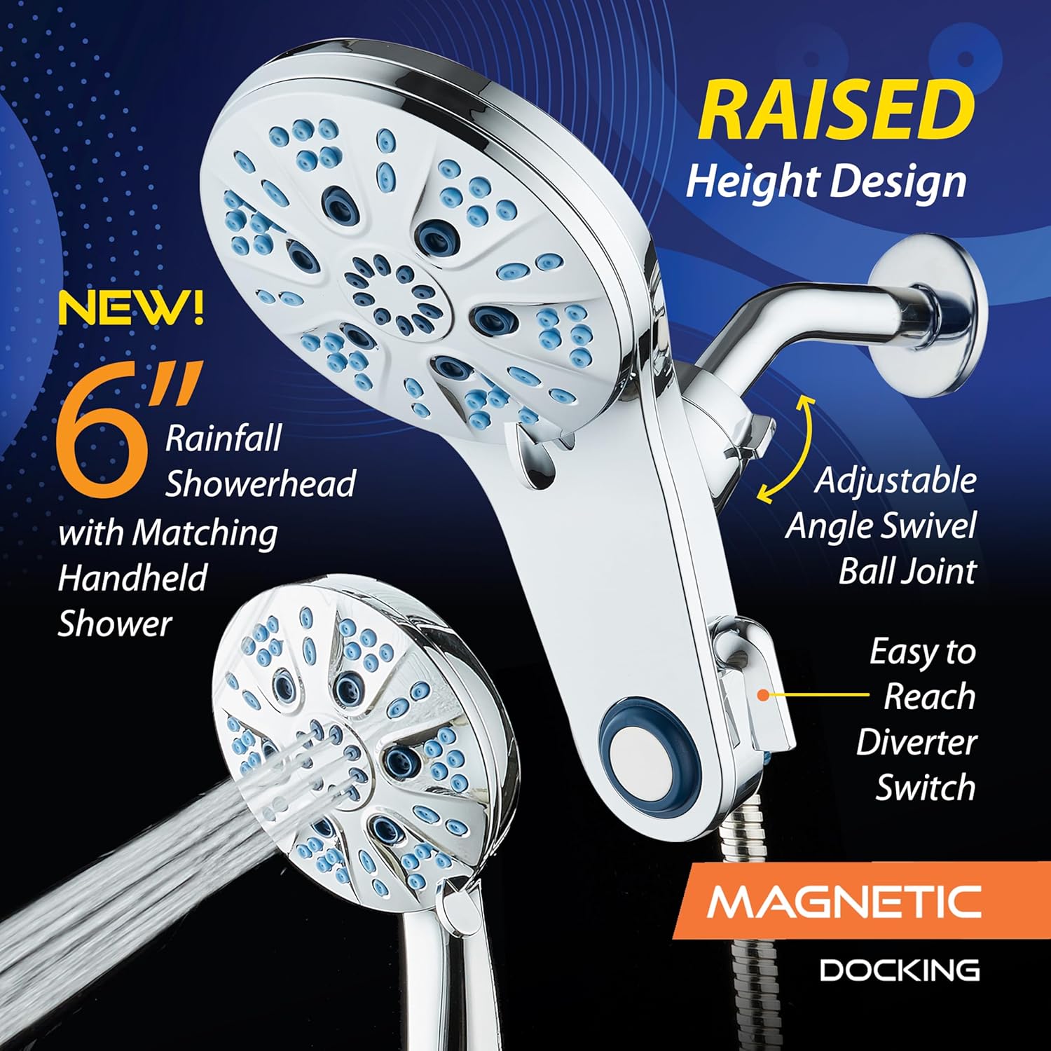 Magneton 48-setting Raised 3-way Rainfall Shower Combo with Magnetic Docking