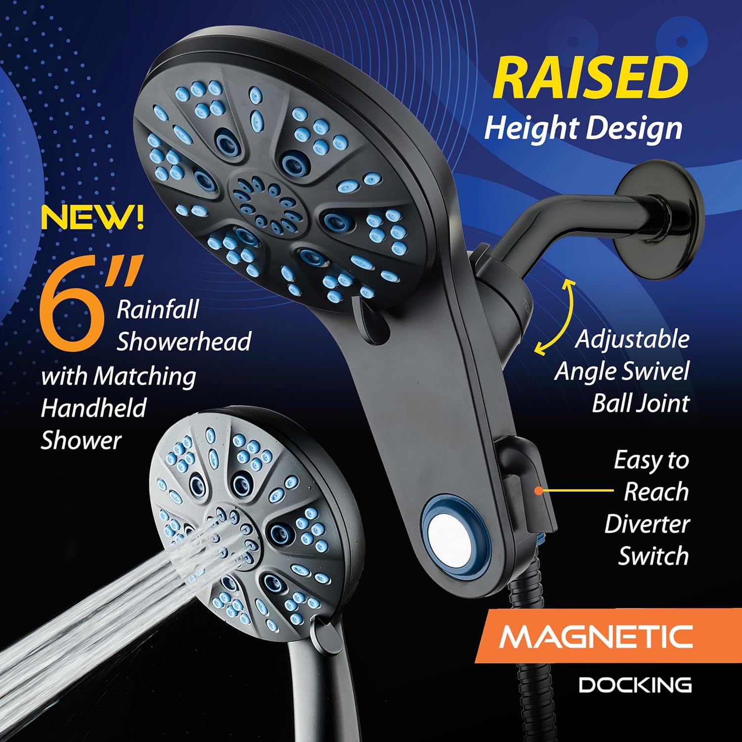 Magneton 48-setting Raised 3-way Rainfall Shower Combo with Magnetic Docking