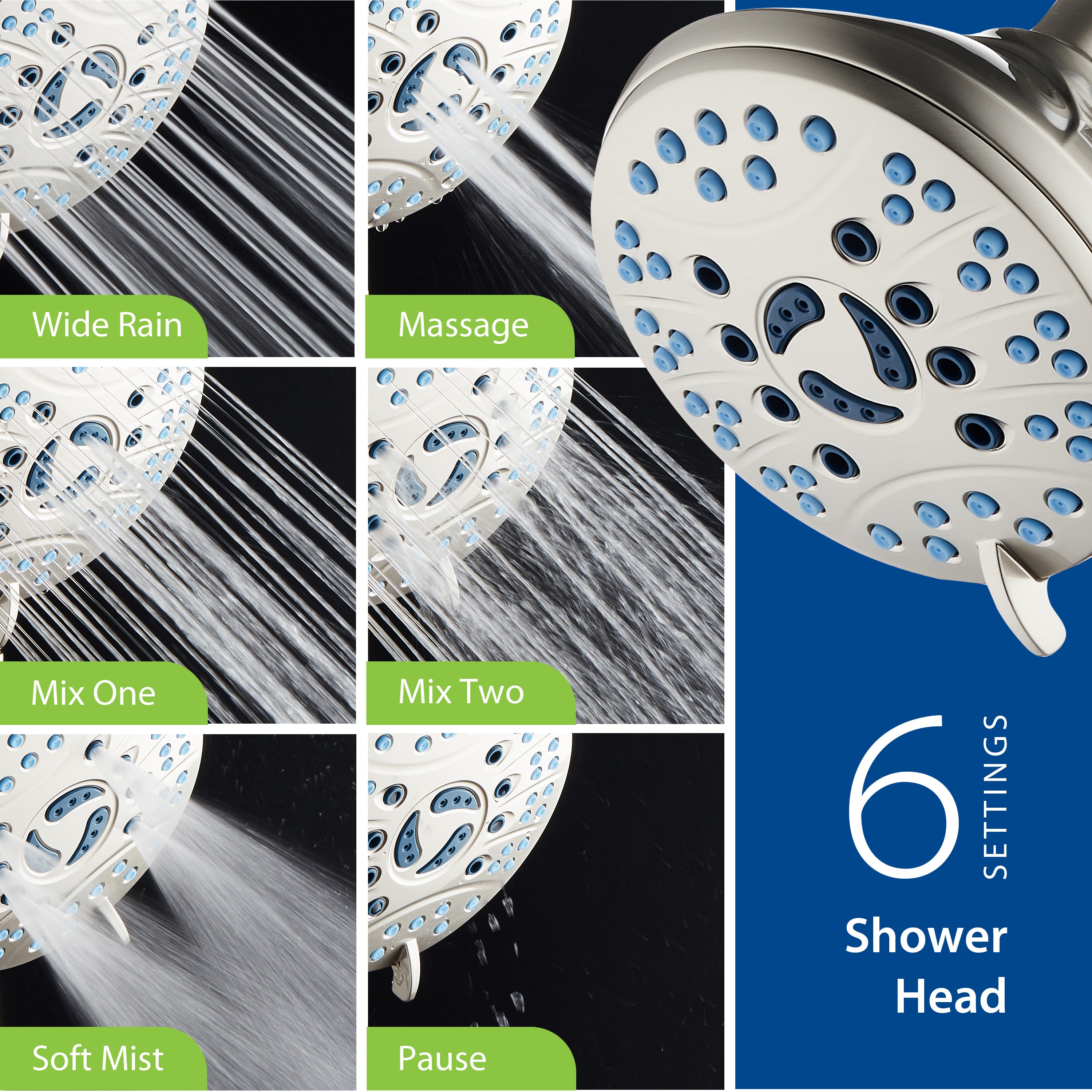 Ultra-Luxury 6-setting Overhead Shower Head with Antimicrobial Anti-clog Nozzles