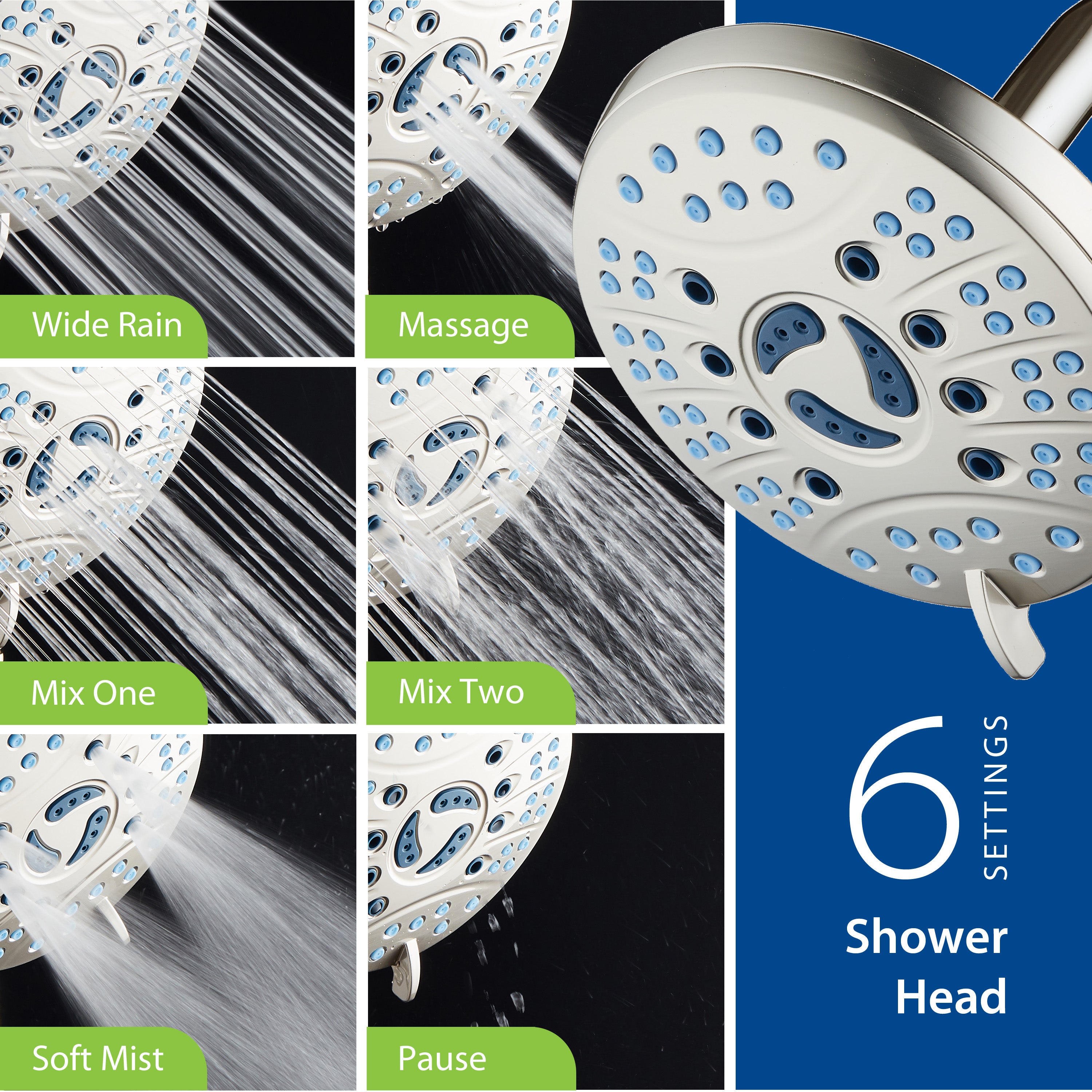 Ultra-Luxury 6-setting 6" Rainfall Shower Head with Antimicrobial Anti-clog Nozzles