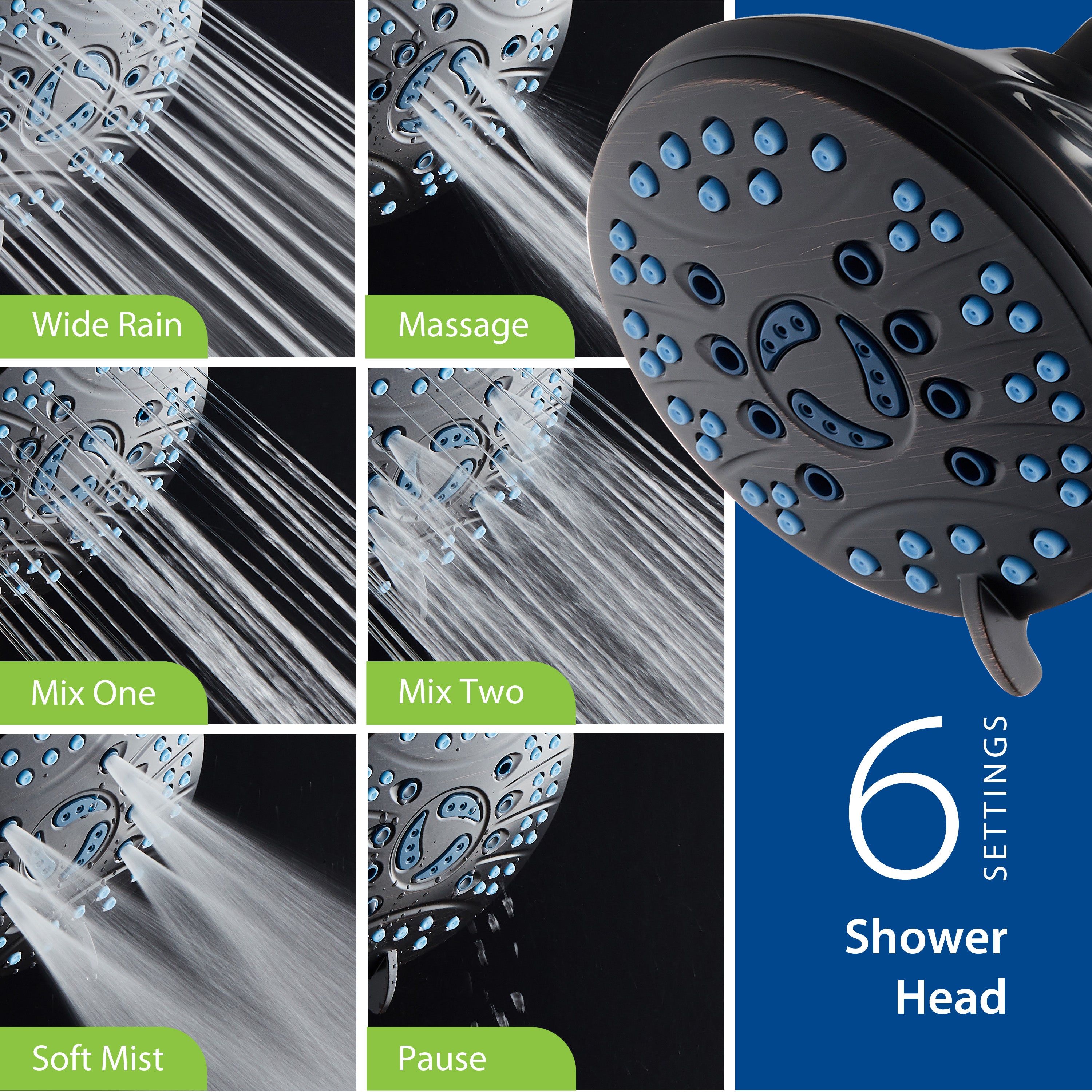 Ultra-Luxury 6-setting Overhead Shower Head with Antimicrobial Anti-clog Nozzles